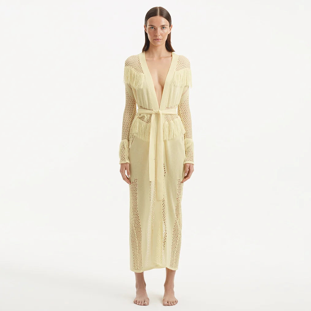 Itzel Yellow Knitted Mesh Long-Sleeve Kaftan | Moeva | Kaftan | Each week unveils new pieces—luxury swimwear, fluid resort silhouettes, and elevated summer-to-evening essentials designed to carry you from coastal escapes to city nights.