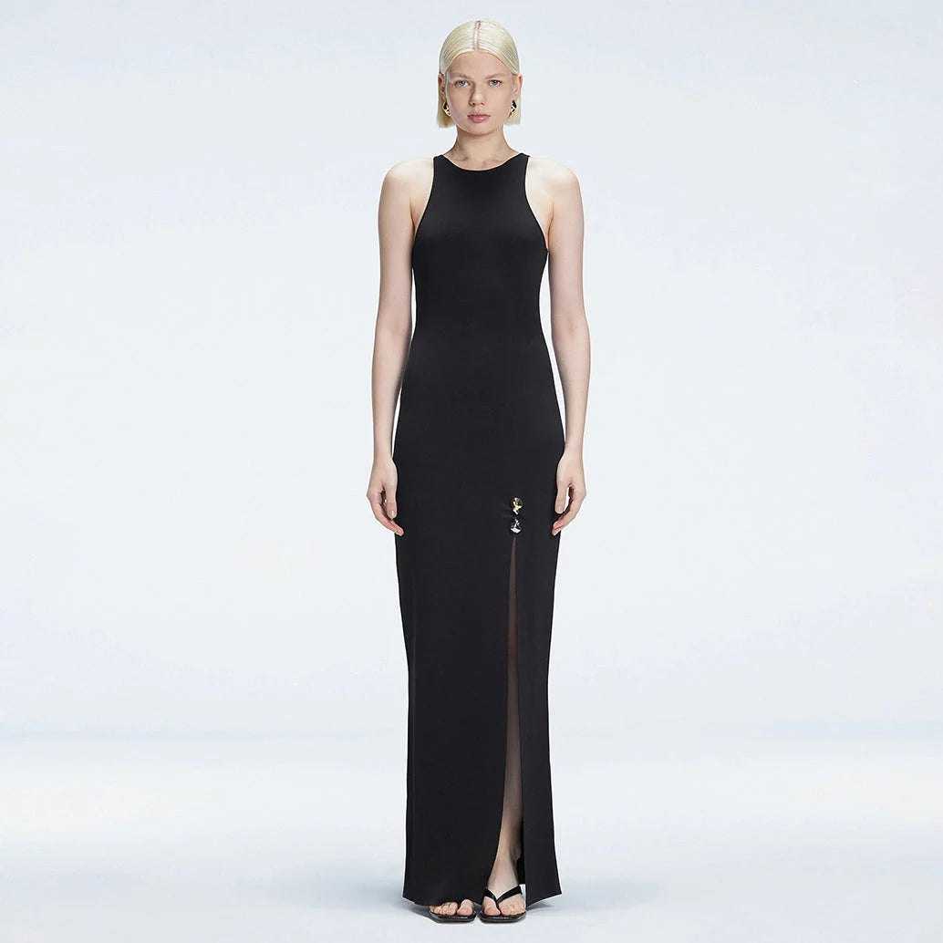 Louisa Black Halter Knit Maxi Dress with Slit Detail | Moeva | Dress | Each week unveils new pieces—luxury swimwear, fluid resort silhouettes, and elevated summer-to-evening essentials designed to carry you from coastal escapes to city nights.