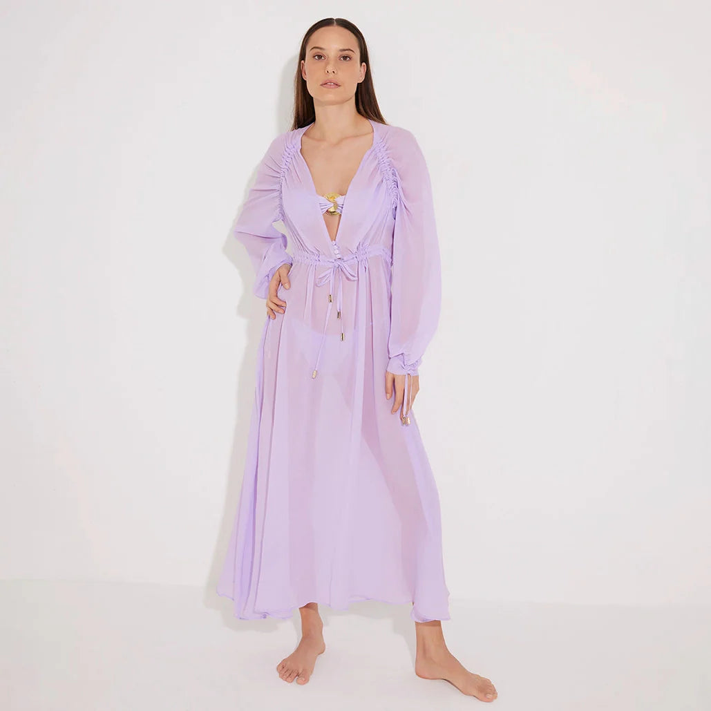 Lula Silk Blouson-Sleeve Belted Sheer Lilac Maxi Dress | Moeva | Dress | Each week unveils new pieces—luxury swimwear, fluid resort silhouettes, and elevated summer-to-evening essentials designed to carry you from coastal escapes to city nights.
