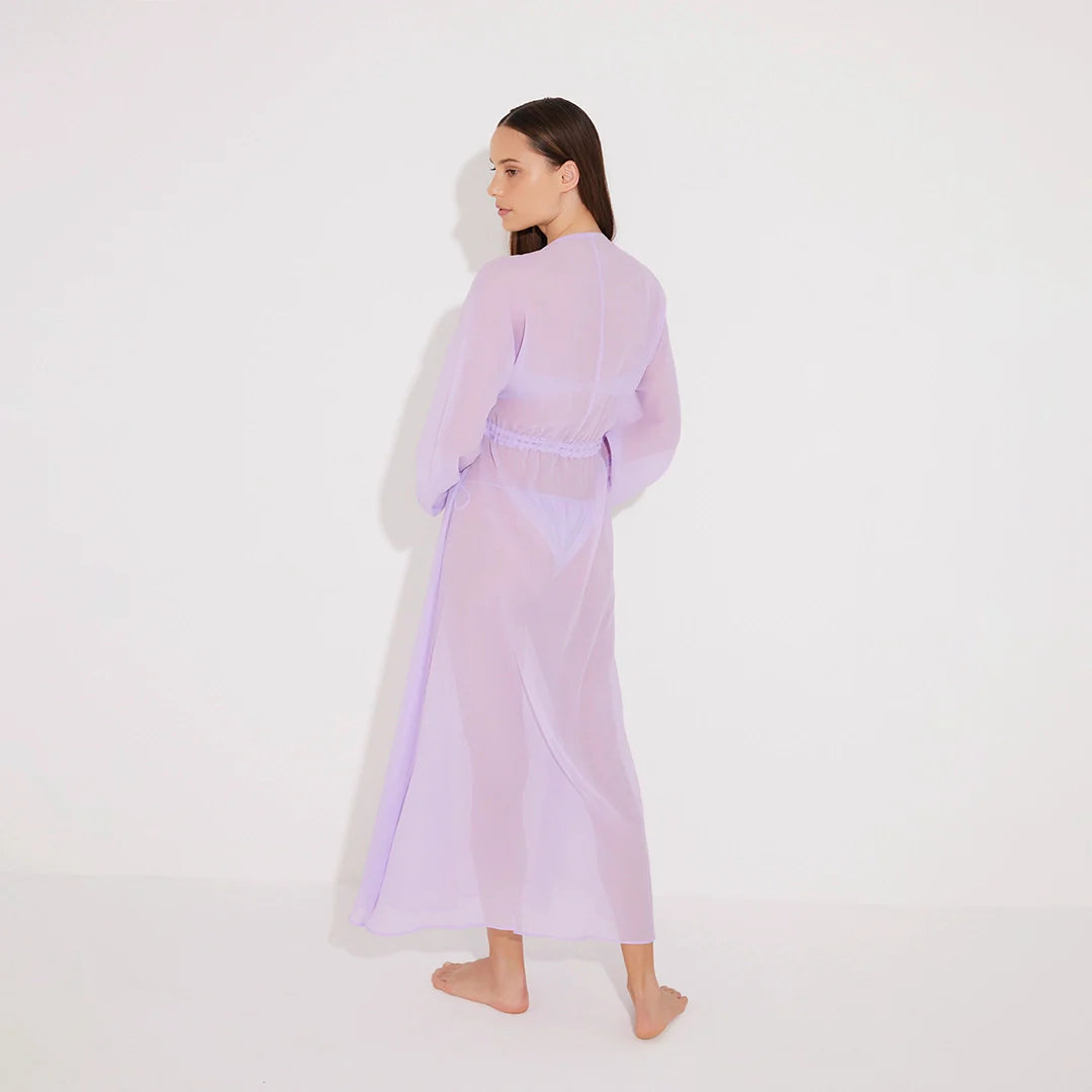 Lula Silk Blouson-Sleeve Belted Sheer Lilac Maxi Dress | Moeva | Dress | Each week unveils new pieces—luxury swimwear, fluid resort silhouettes, and elevated summer-to-evening essentials designed to carry you from coastal escapes to city nights.