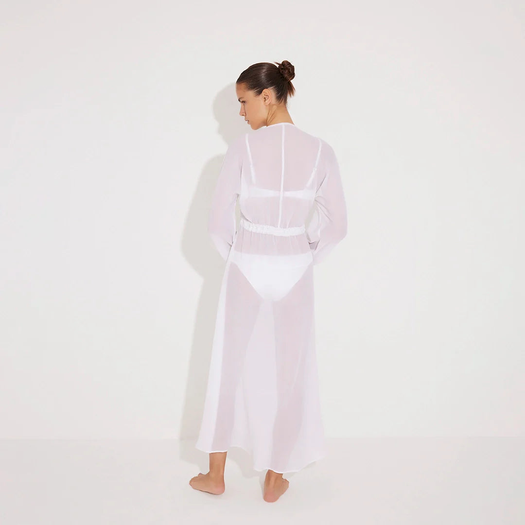 Lula Silk Blouson-Sleeve Belted Sheer White Maxi Dress | Moeva | Dress | Each week unveils new pieces—luxury swimwear, fluid resort silhouettes, and elevated summer-to-evening essentials designed to carry you from coastal escapes to city nights.