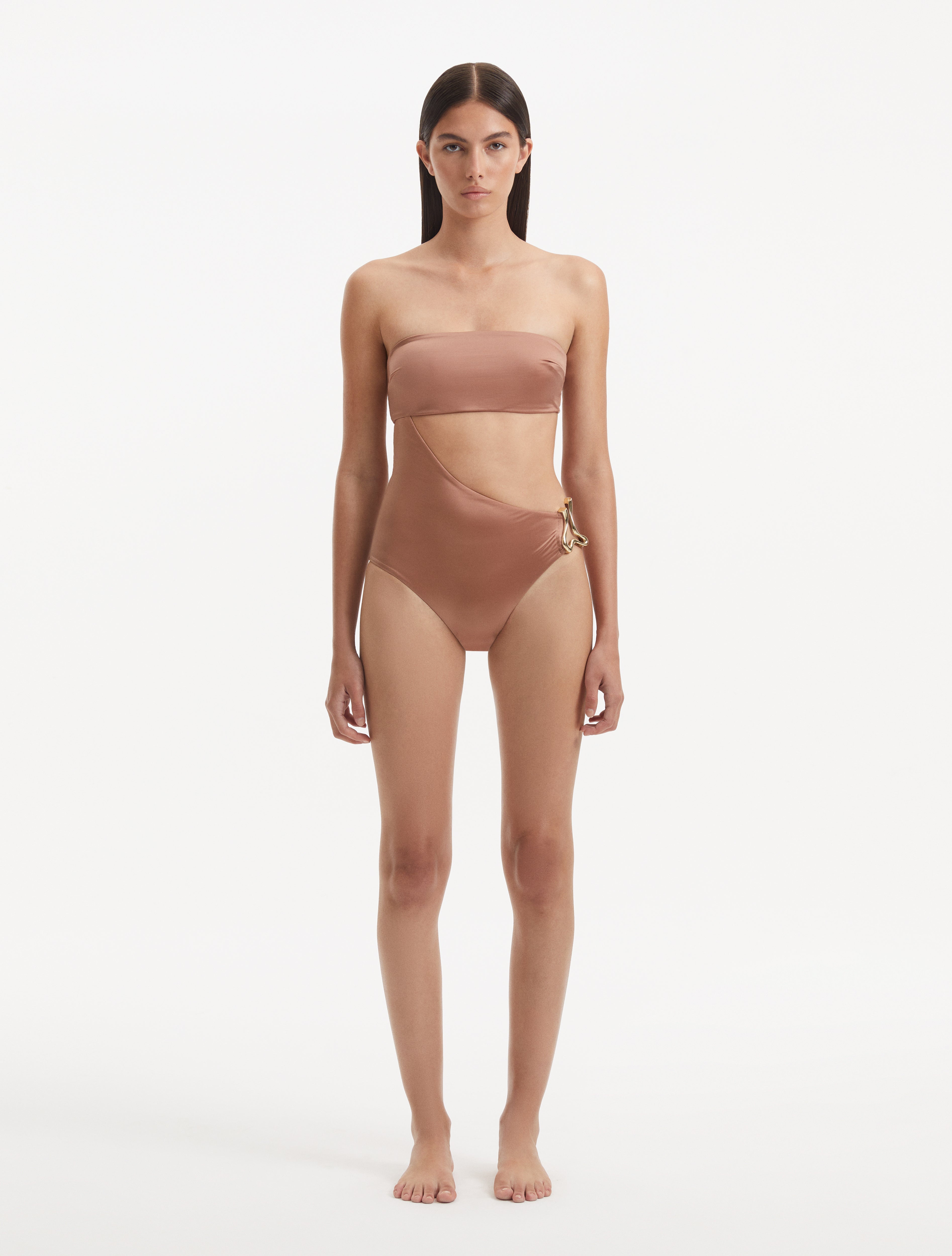 Marilla Brown Bandeau Satin Swimsuit | Moeva | Swimsuit | Each week unveils new pieces—luxury swimwear, fluid resort silhouettes, and elevated summer-to-evening essentials designed to carry you from coastal escapes to city nights.