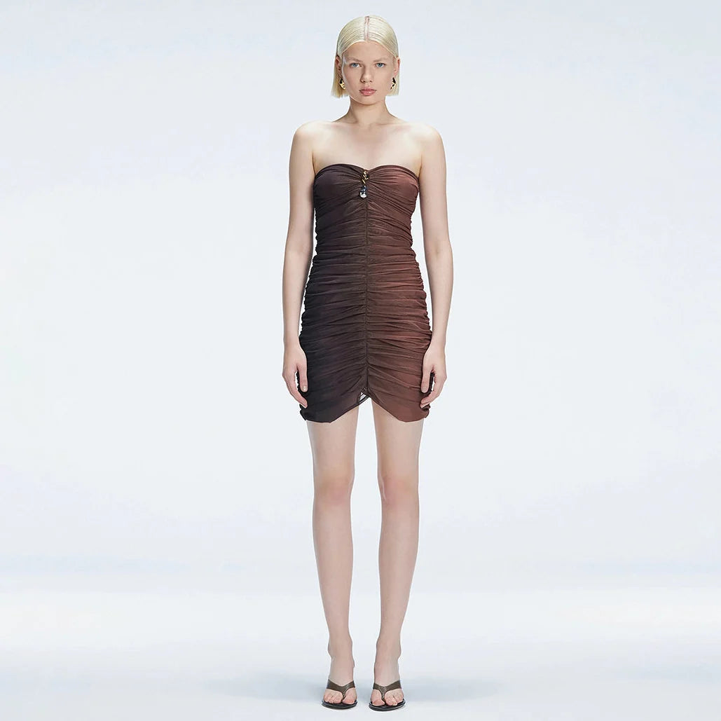 Marsiela Black Optical Bandeau Draped Mini Dress | Moeva | Dress | Each week unveils new pieces—luxury swimwear, fluid resort silhouettes, and elevated summer-to-evening essentials designed to carry you from coastal escapes to city nights.