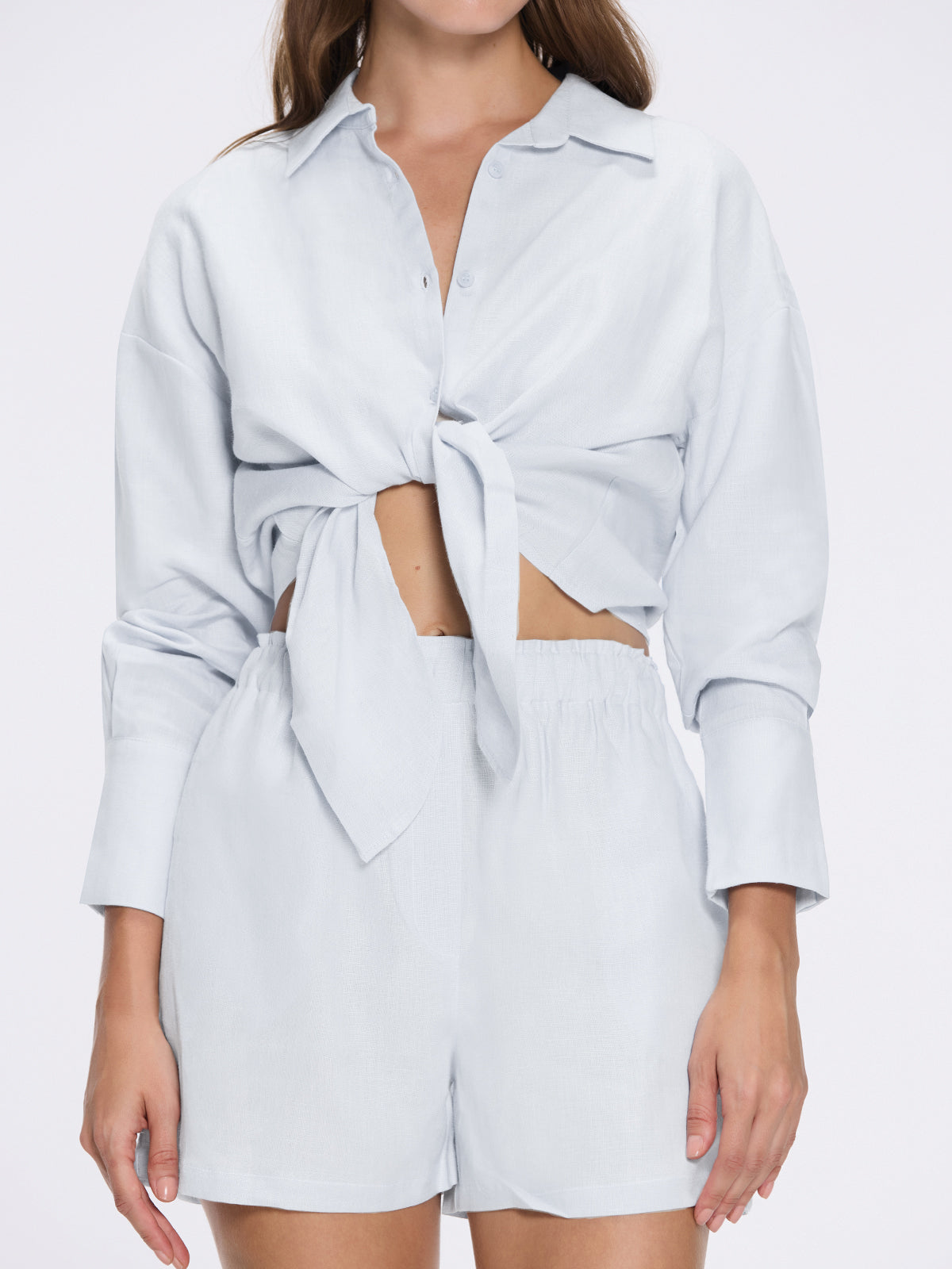 Hanson White Long Sleeve Linen Tie Front Shirt | Moeva | Shirt | Each week unveils new pieces—luxury swimwear, fluid resort silhouettes, and elevated summer-to-evening essentials designed to carry you from coastal escapes to city nights.