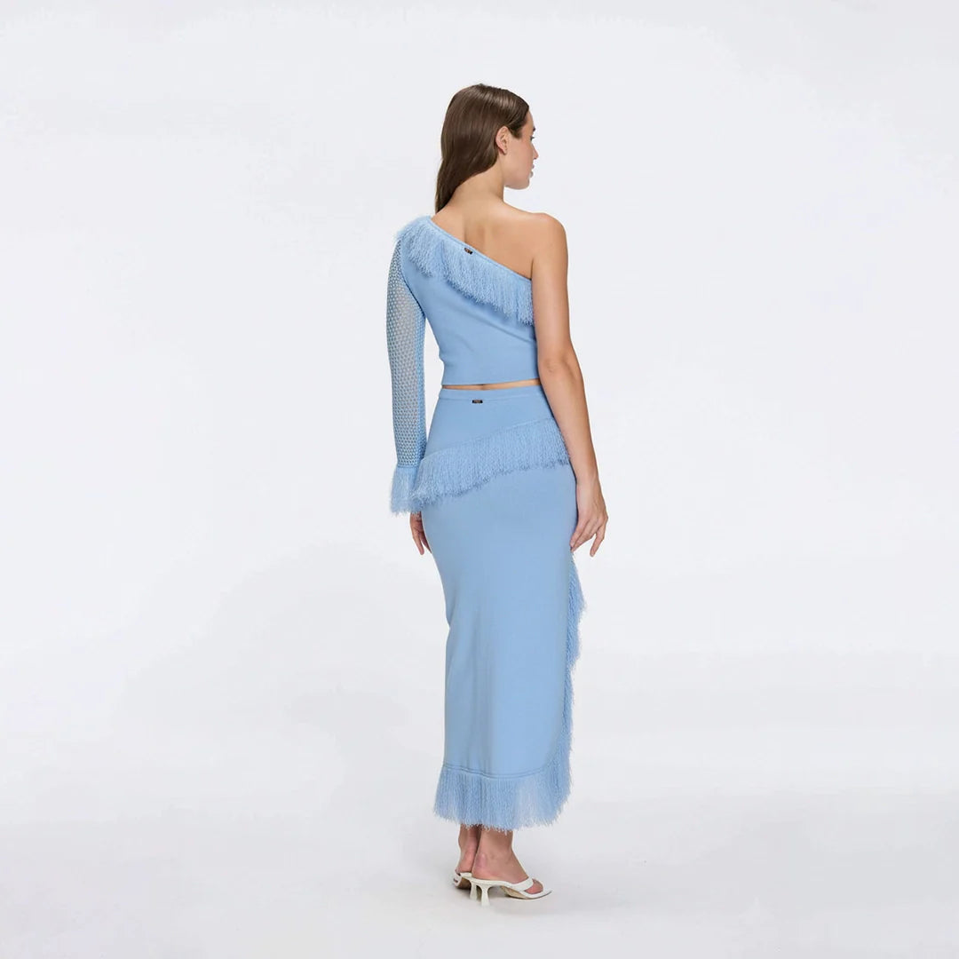 Monroe & Alani Fringe Asymmetric Knit Blue Set | Moeva | Set | Each week unveils new pieces—luxury swimwear, fluid resort silhouettes, and elevated summer-to-evening essentials designed to carry you from coastal escapes to city nights.