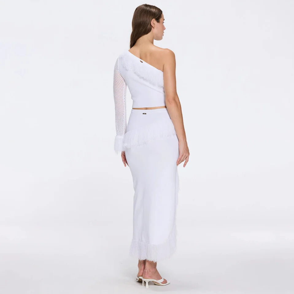 Monroe & Alani Fringe Asymmetric Knit White Set | Moeva | Set | Each week unveils new pieces—luxury swimwear, fluid resort silhouettes, and elevated summer-to-evening essentials designed to carry you from coastal escapes to city nights.