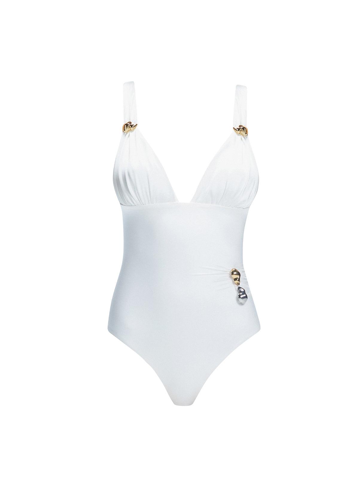 Marina White V Neck Swimsuit | Moeva | Swimsuit | Each week unveils new pieces—luxury swimwear, fluid resort silhouettes, and elevated summer-to-evening essentials designed to carry you from coastal escapes to city nights.