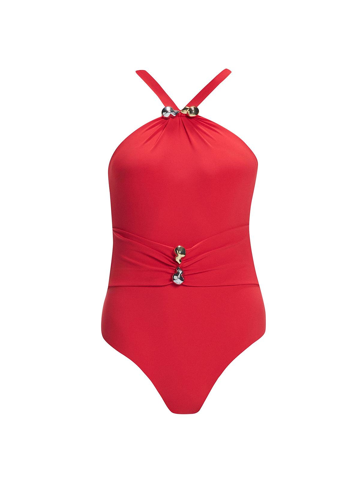 Natalie Lim Suarez - Lyra Red Halter Swimsuit | Moeva | Swimsuit | Each week unveils new pieces—luxury swimwear, fluid resort silhouettes, and elevated summer-to-evening essentials designed to carry you from coastal escapes to city nights.