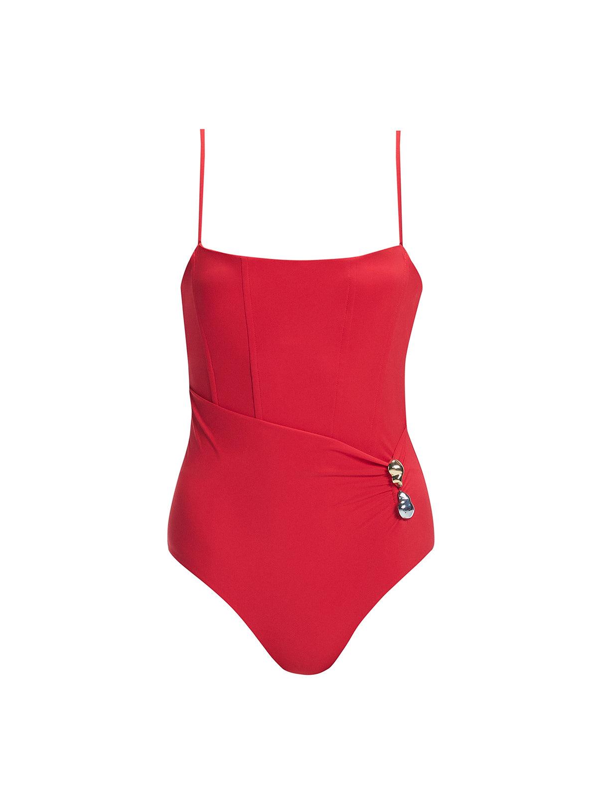 Marigold Red Corset Square Neck Swimsuit | Moeva | Swimsuit | Each week unveils new pieces—luxury swimwear, fluid resort silhouettes, and elevated summer-to-evening essentials designed to carry you from coastal escapes to city nights.