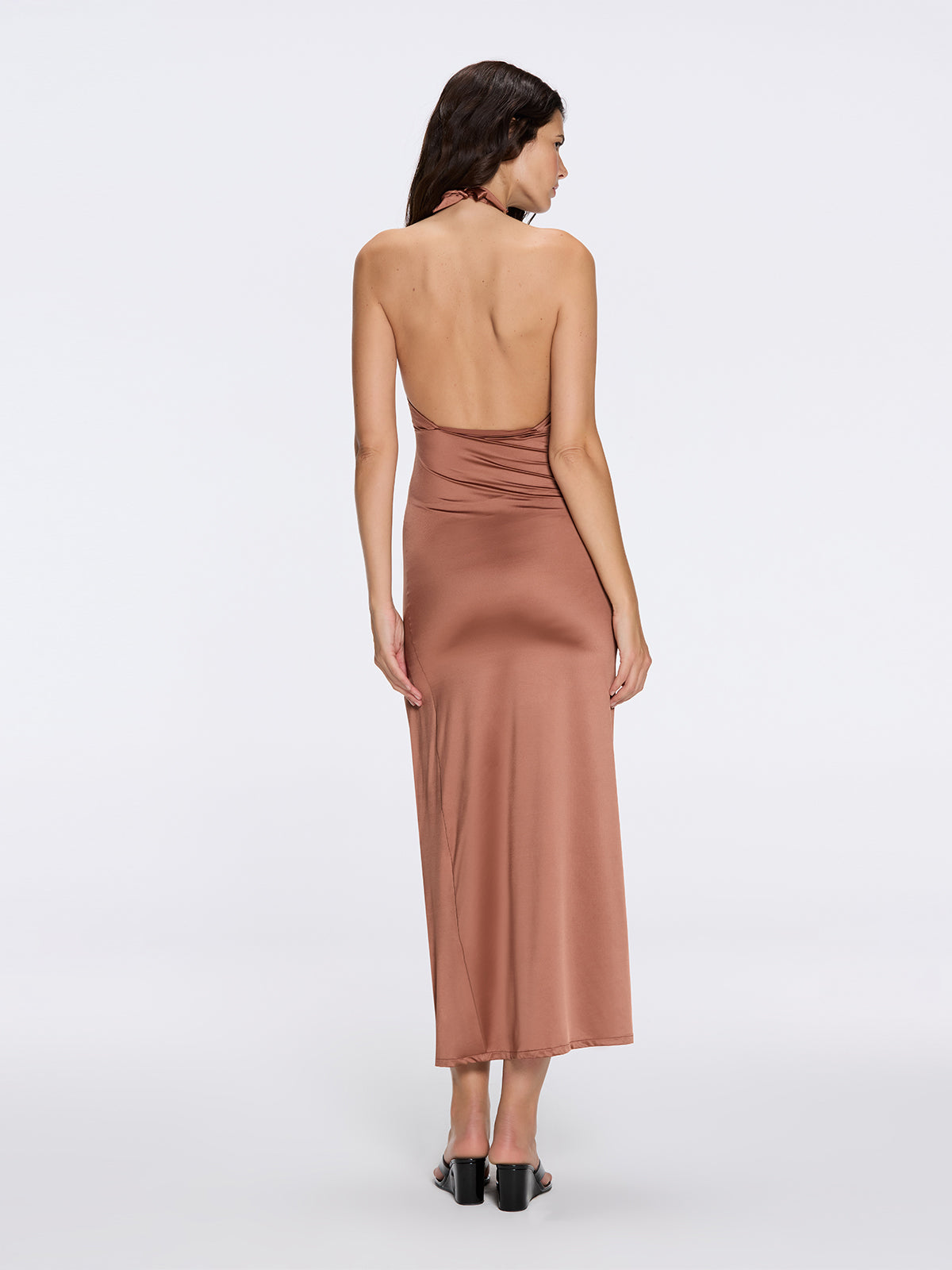 Serres Satin Brown Halter Maxi Dress with Cut-Out and Gold Detail | Moeva | Dress | Each week unveils new pieces—luxury swimwear, fluid resort silhouettes, and elevated summer-to-evening essentials designed to carry you from coastal escapes to city nights.