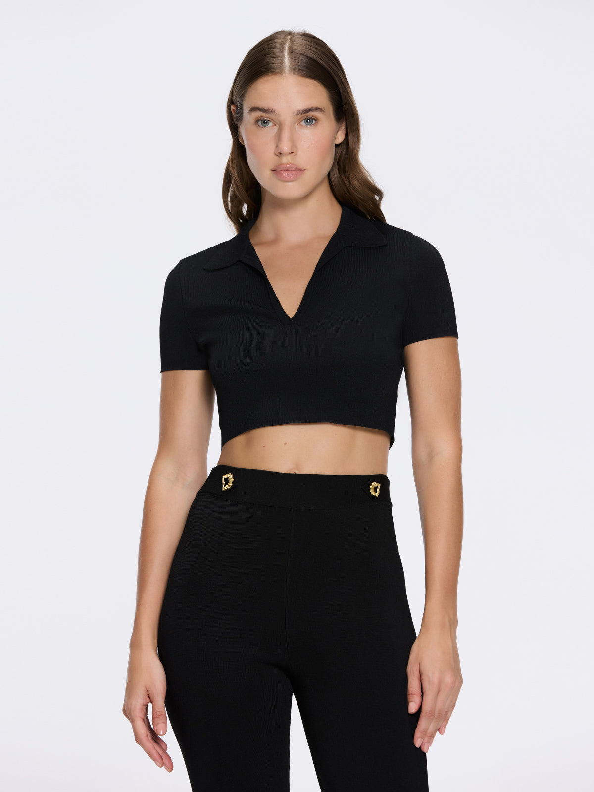 Shandy Black Polo Collar Knitted Crop Top | Moeva | Crop Top | Each week unveils new pieces—luxury swimwear, fluid resort silhouettes, and elevated summer-to-evening essentials designed to carry you from coastal escapes to city nights.