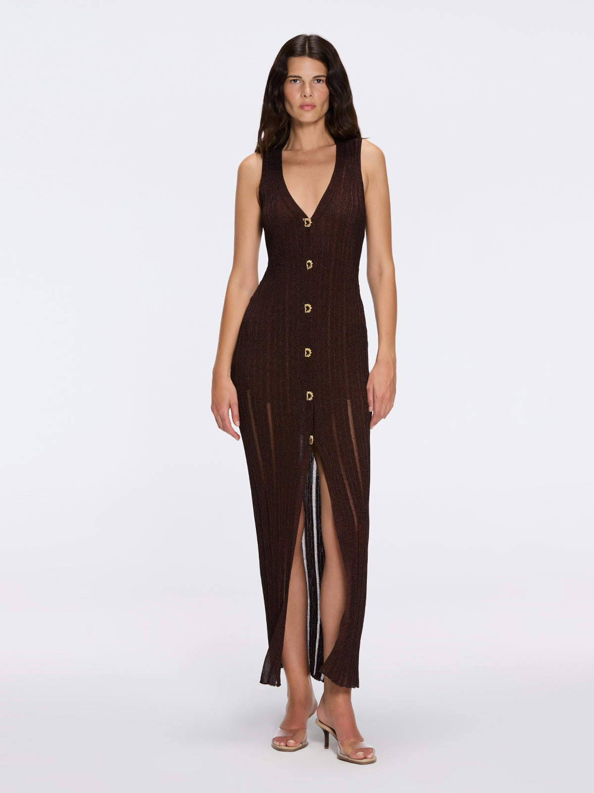 Biot Brown Metallic Knit V-Neck Gold Button-Down Dress | Moeva | Dress | Each week unveils new pieces—luxury swimwear, fluid resort silhouettes, and elevated summer-to-evening essentials designed to carry you from coastal escapes to city nights.