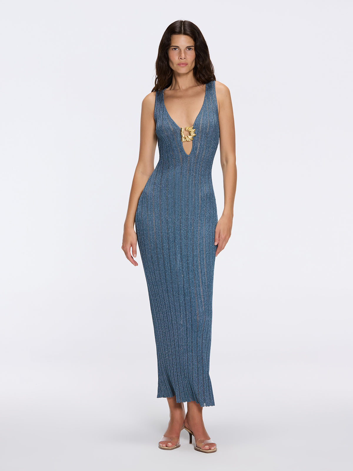 Antibes Blue Metallic Knit Deep V-Neck Maxi Dress with Gold Detail | Moeva | Dress | Each week unveils new pieces—luxury swimwear, fluid resort silhouettes, and elevated summer-to-evening essentials designed to carry you from coastal escapes to city nights.