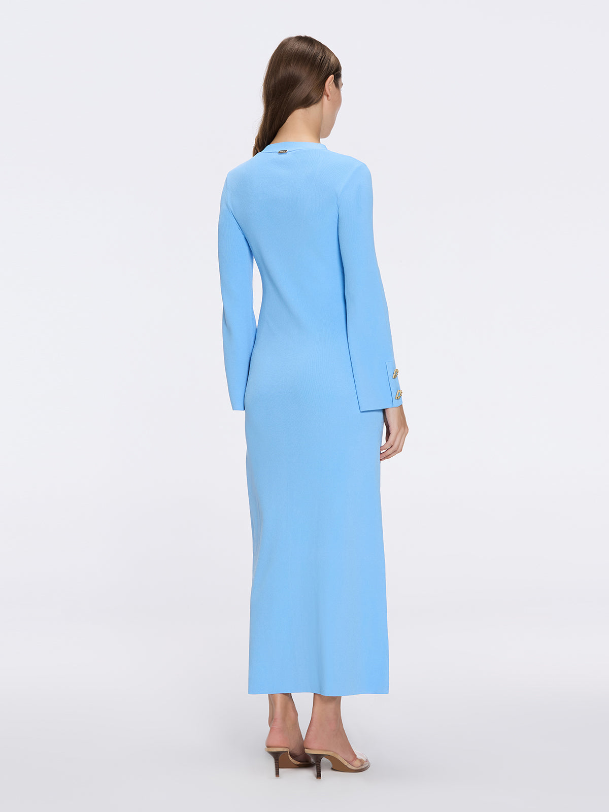 Brezia Blue Knitted Maxi Dress with Long Sleeves and Gold Button Details | Moeva | Dress | Each week unveils new pieces—luxury swimwear, fluid resort silhouettes, and elevated summer-to-evening essentials designed to carry you from coastal escapes to city nights.