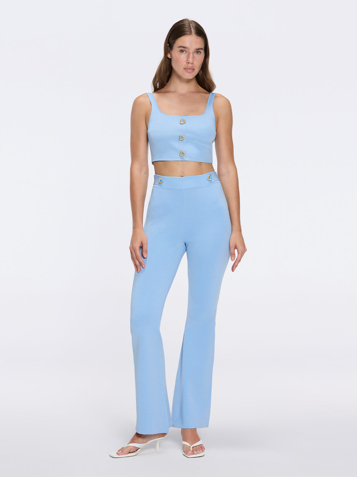 Colette Blue Knitted White High Waisted Wide-Leg Pant | Moeva | Pants | Each week unveils new pieces—luxury swimwear, fluid resort silhouettes, and elevated summer-to-evening essentials designed to carry you from coastal escapes to city nights.