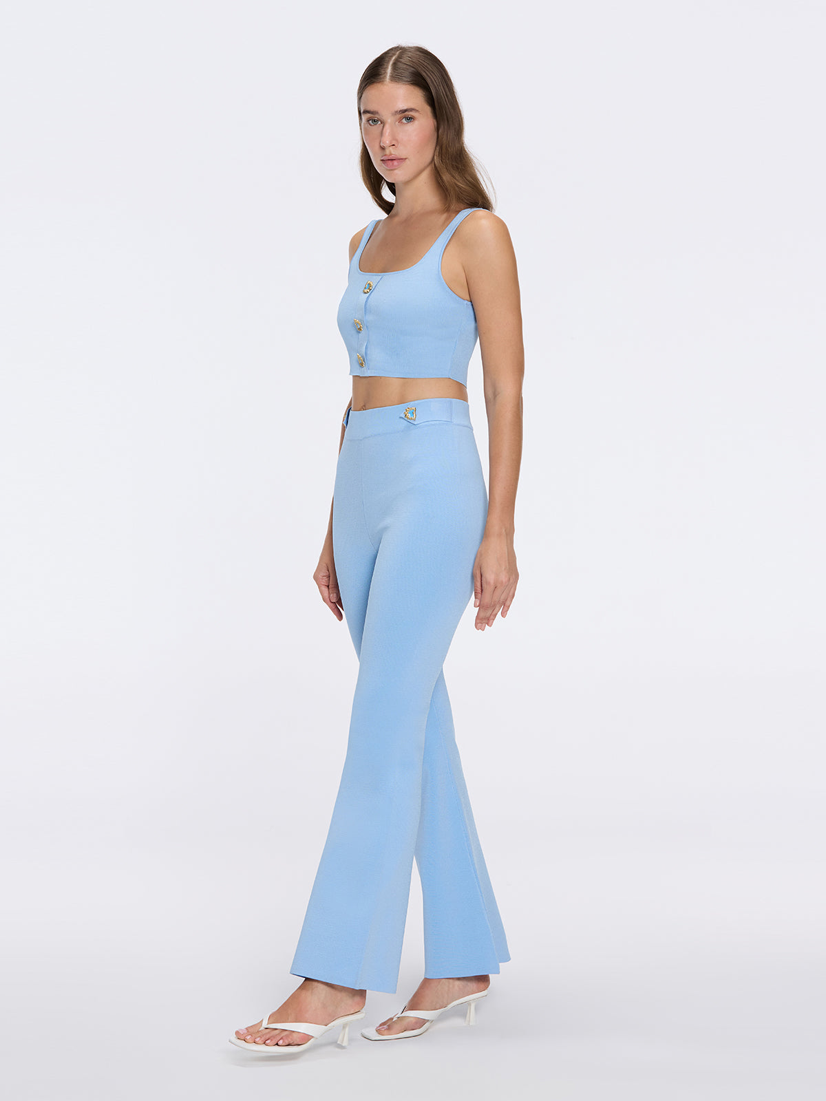 Colette Blue Knitted White High Waisted Wide-Leg Pant | Moeva | Pants | Each week unveils new pieces—luxury swimwear, fluid resort silhouettes, and elevated summer-to-evening essentials designed to carry you from coastal escapes to city nights.