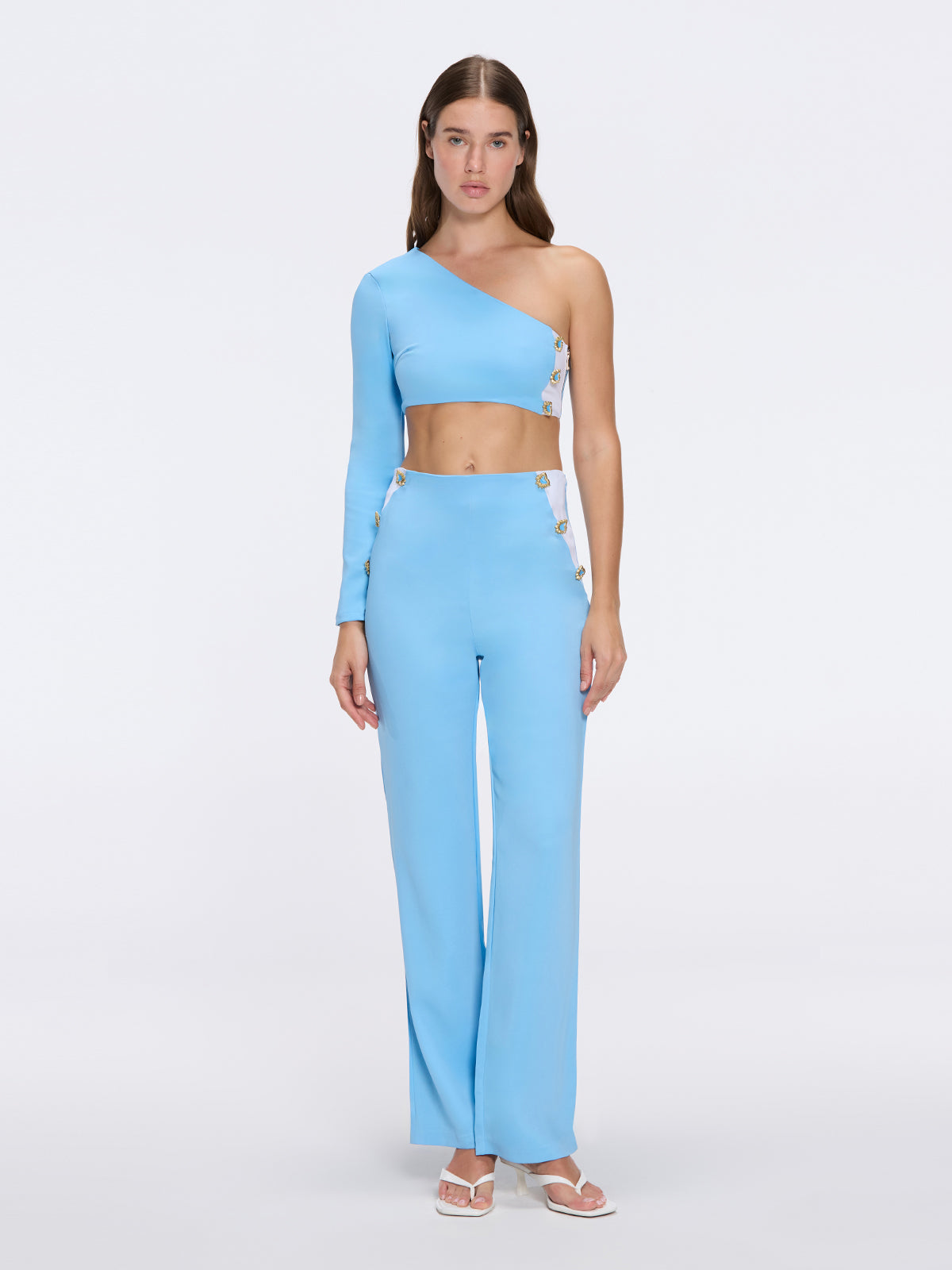 Evangeline Blue-White High-Waist Straight-Leg Pants | Moeva | Pants | Each week unveils new pieces—luxury swimwear, fluid resort silhouettes, and elevated summer-to-evening essentials designed to carry you from coastal escapes to city nights.
