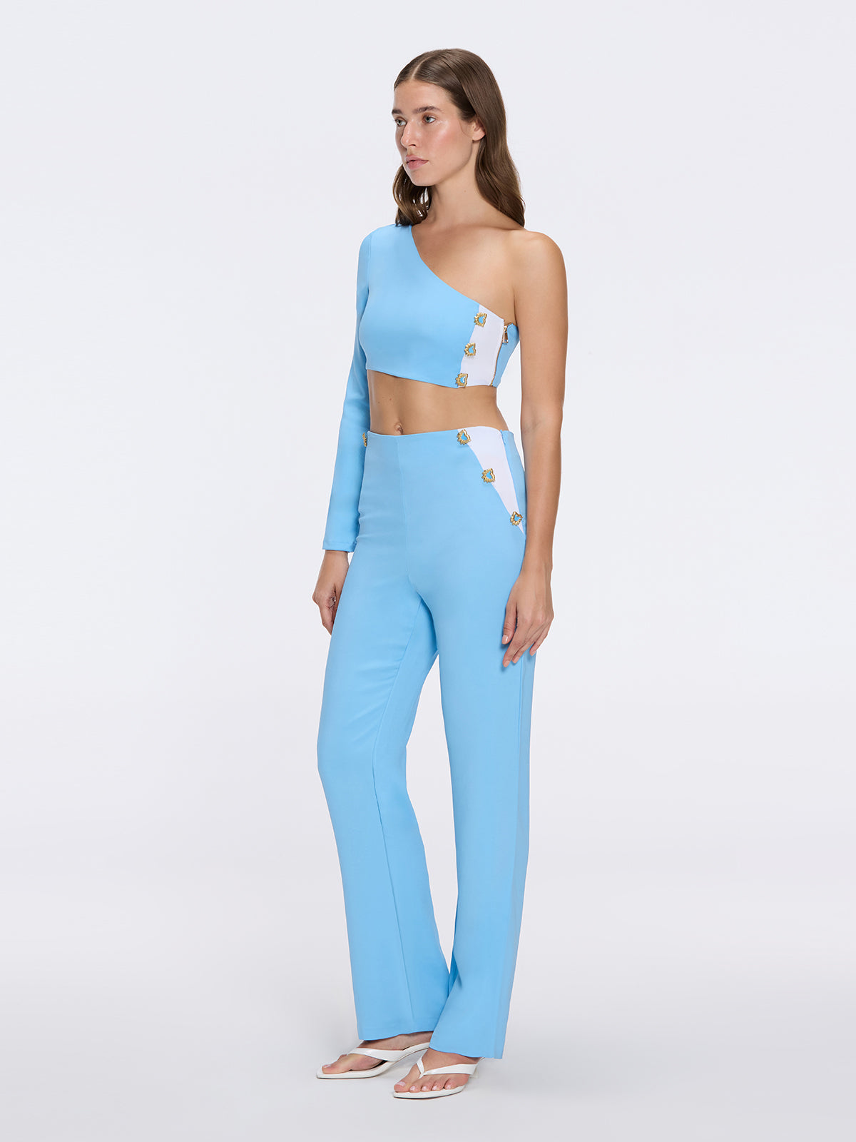 Evangeline Blue-White High-Waist Straight-Leg Pants | Moeva | Pants | Each week unveils new pieces—luxury swimwear, fluid resort silhouettes, and elevated summer-to-evening essentials designed to carry you from coastal escapes to city nights.
