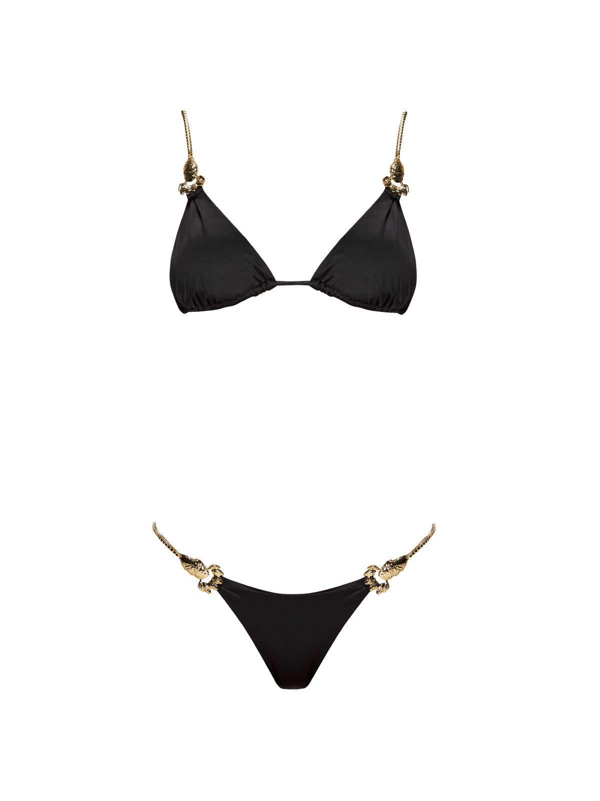 Doina Ciobanu - Selena Black Triangle Gold Chain Strap Mid Coverage Satin Bikini Set | Moeva | Bikini Set | Each week unveils new pieces—luxury swimwear, fluid resort silhouettes, and elevated summer-to-evening essentials designed to carry you from coastal escapes to city nights.