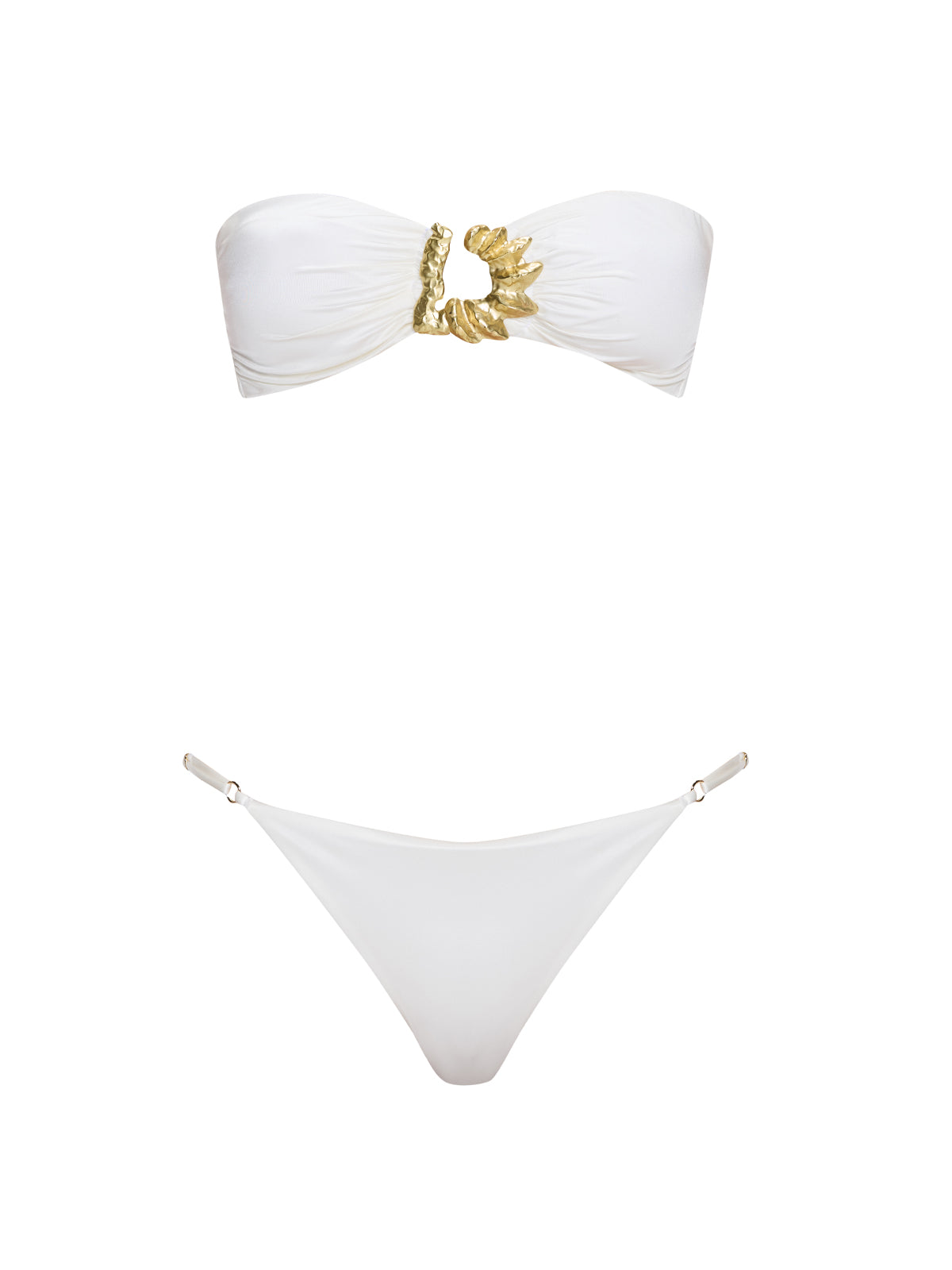 Astrid Bandeau Gold Detail Mid Coverage Satin White Bikini Set | Moeva | Bikini Set | Each week unveils new pieces—luxury swimwear, fluid resort silhouettes, and elevated summer-to-evening essentials designed to carry you from coastal escapes to city nights.