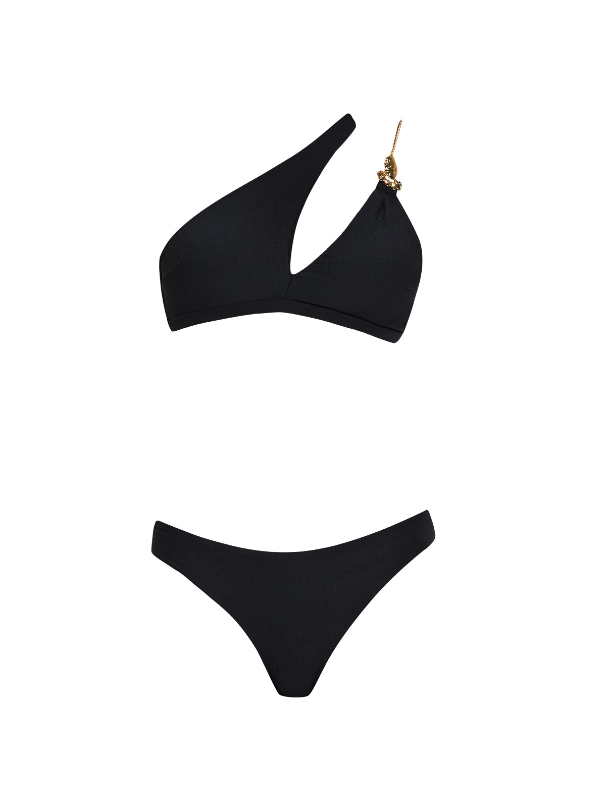 Grasse Gold Chain One-Shoulder Mid Coverage Textured Black Bikini Set | Moeva | Bikini Set | Each week unveils new pieces—luxury swimwear, fluid resort silhouettes, and elevated summer-to-evening essentials designed to carry you from coastal escapes to city nights.