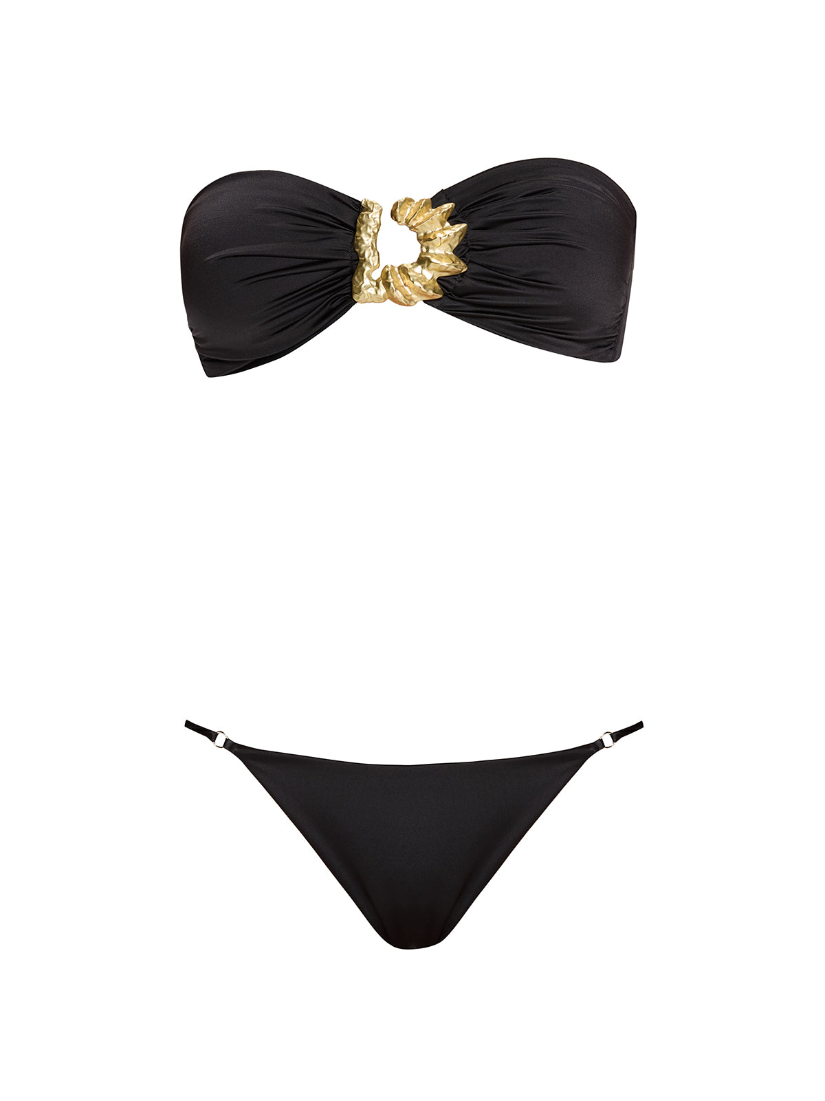 Astrid Bandeau Gold Detail Mid Coverage Satin Black Bikini Set | Moeva | Bikini Set | Each week unveils new pieces—luxury swimwear, fluid resort silhouettes, and elevated summer-to-evening essentials designed to carry you from coastal escapes to city nights.