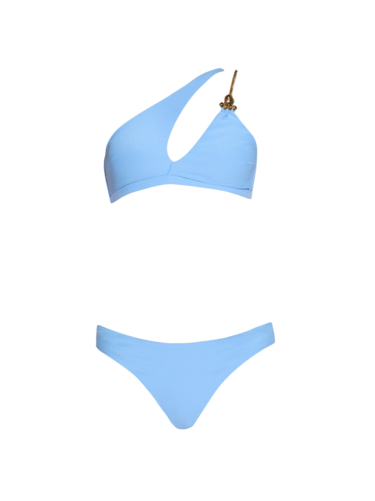 Grasse Gold Chain One-Shoulder Mid Coverage Textured Blue Bikini Set | Moeva | Bikini Set | Each week unveils new pieces—luxury swimwear, fluid resort silhouettes, and elevated summer-to-evening essentials designed to carry you from coastal escapes to city nights.