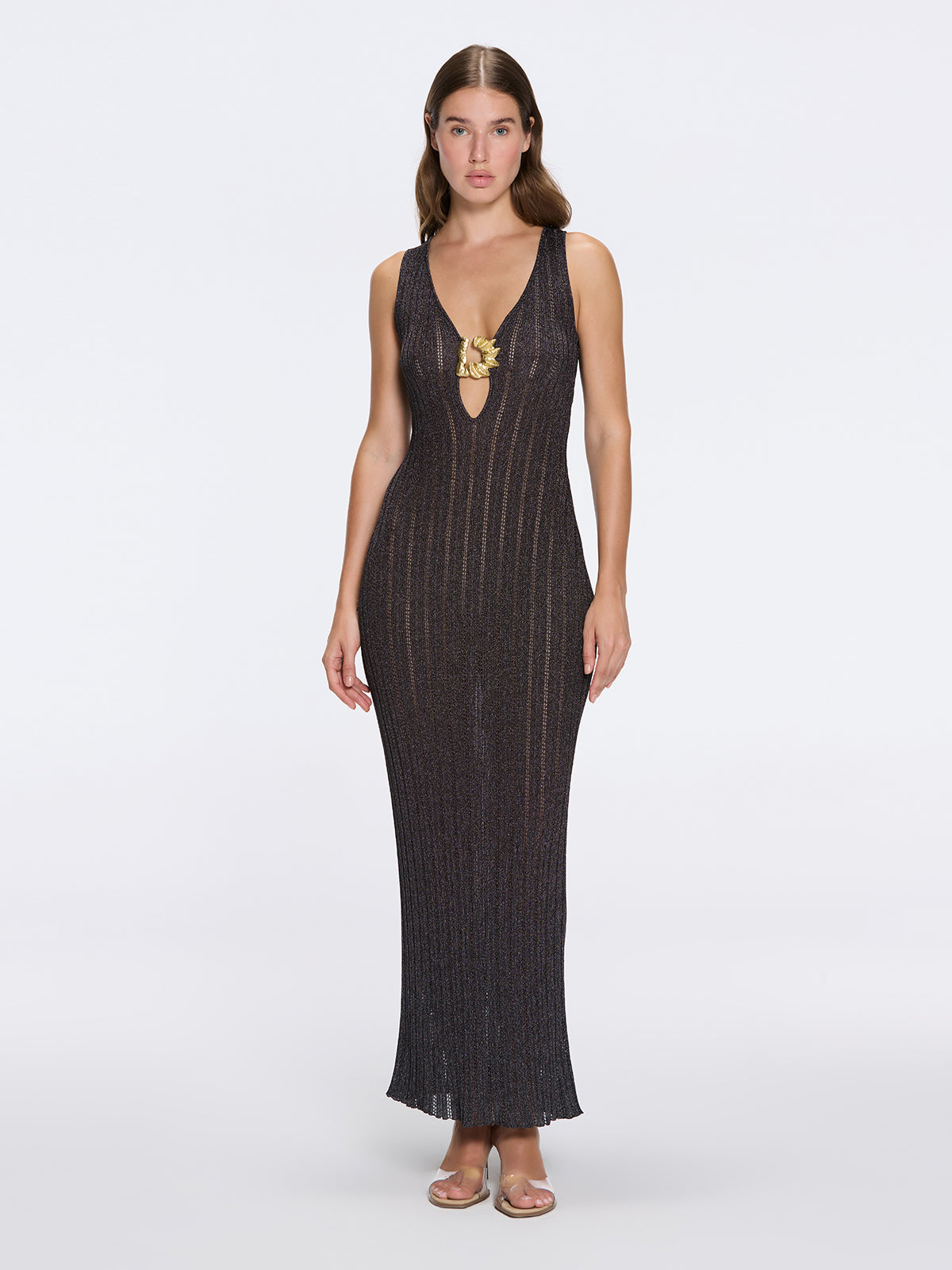 Antibes Black Metallic Knit Deep V-Neck Maxi Dress with Gold Detail | Moeva | Dress | Each week unveils new pieces—luxury swimwear, fluid resort silhouettes, and elevated summer-to-evening essentials designed to carry you from coastal escapes to city nights.