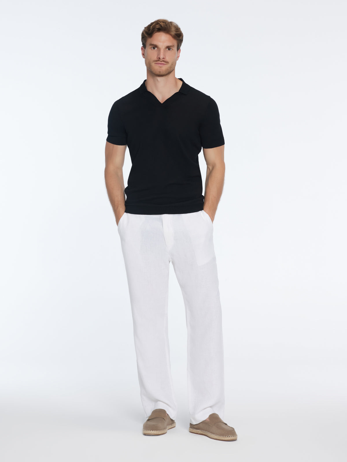 Mark Black Cotton V-Neck Polo T-Shirt | Moeva | T-Shirt | Each week unveils new pieces—luxury swimwear, fluid resort silhouettes, and elevated summer-to-evening essentials designed to carry you from coastal escapes to city nights.