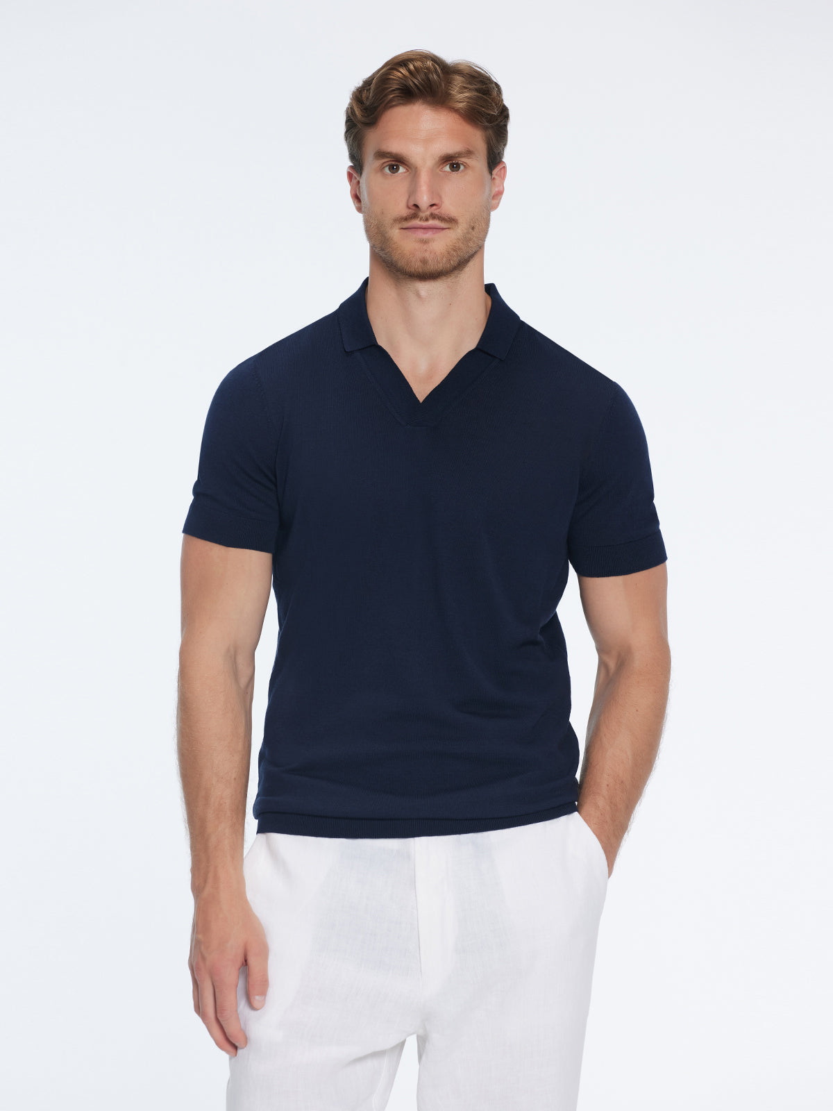 Mark Dark Blue Cotton V-Neck Polo T-Shirt | Moeva | T-Shirt | Each week unveils new pieces—luxury swimwear, fluid resort silhouettes, and elevated summer-to-evening essentials designed to carry you from coastal escapes to city nights.