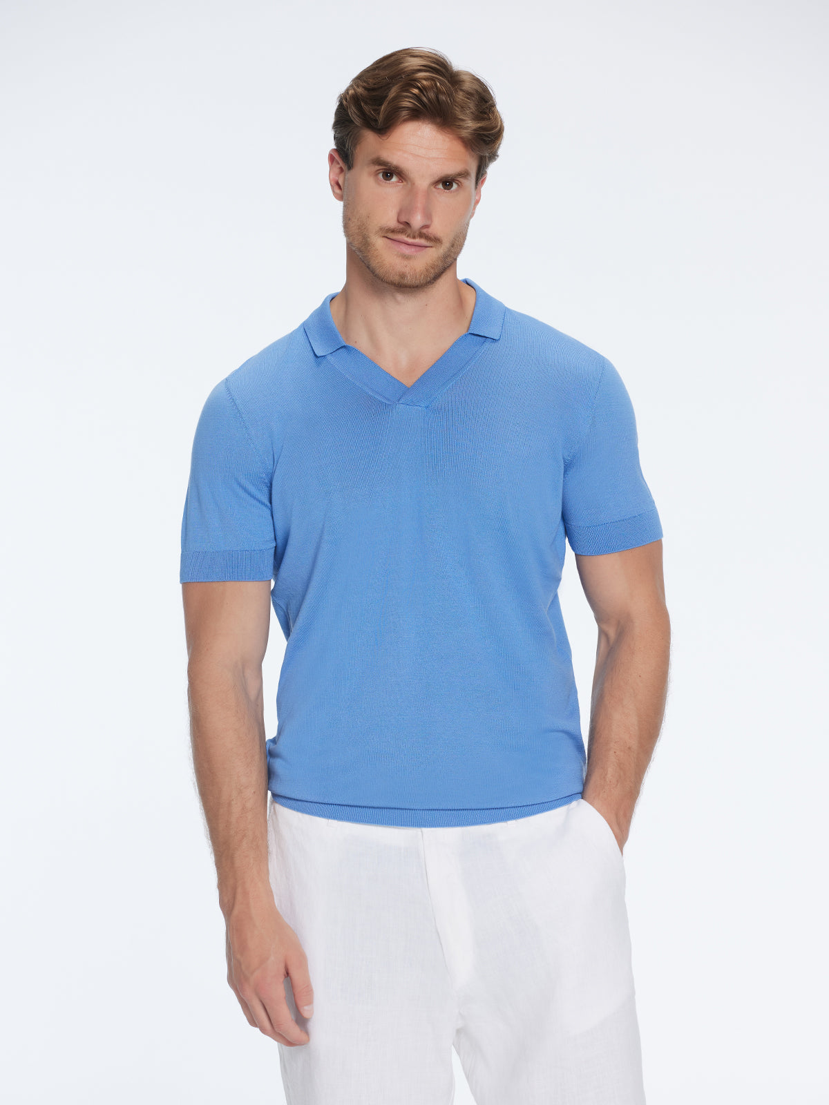 Mark Baby Blue Cotton V-Neck Polo T-Shirt | Moeva | T-Shirt | Each week unveils new pieces—luxury swimwear, fluid resort silhouettes, and elevated summer-to-evening essentials designed to carry you from coastal escapes to city nights.