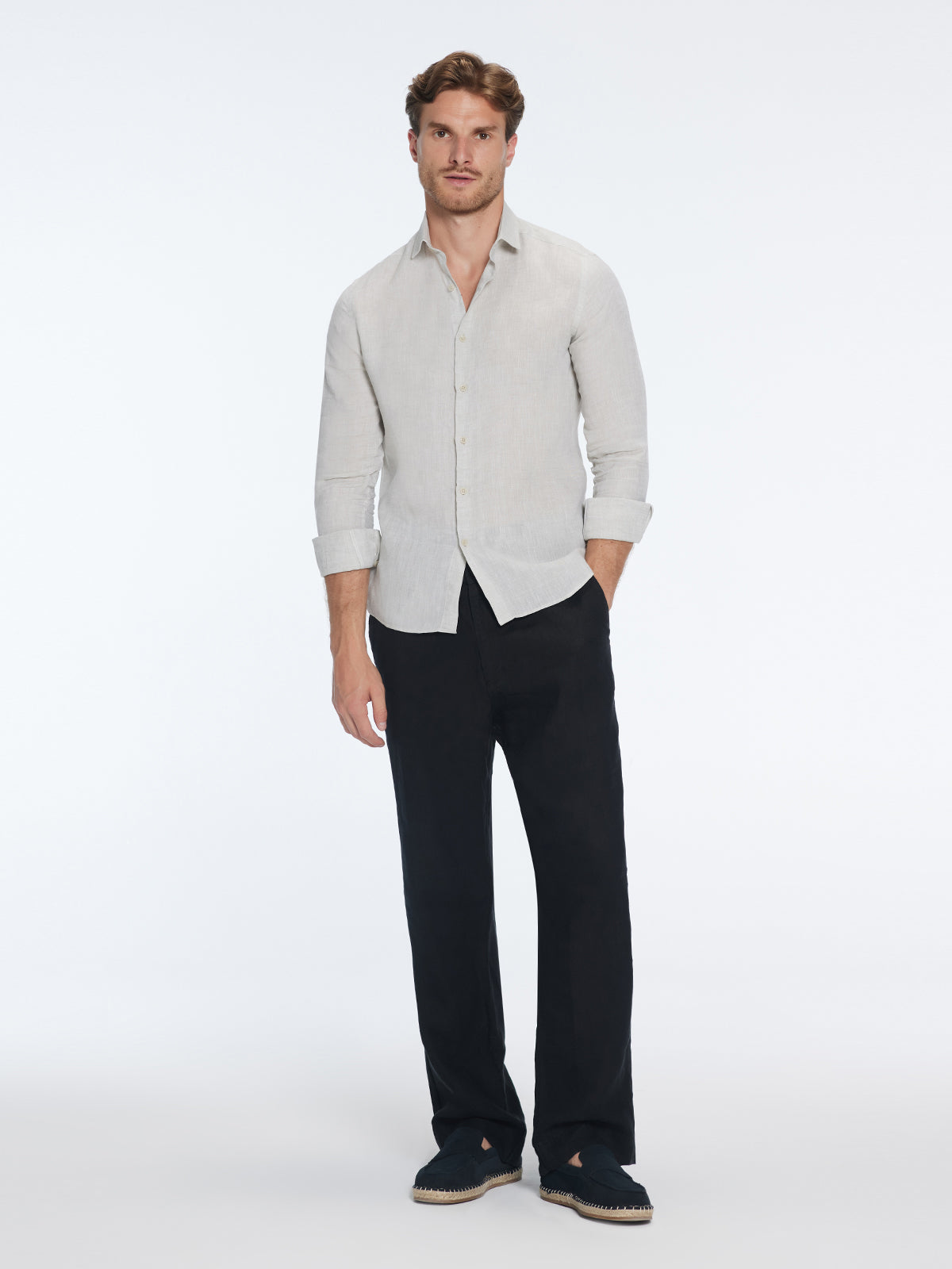 James Khaki Linen Slim-Fit Shirt | Moeva | Shirt | Each week unveils new pieces—luxury swimwear, fluid resort silhouettes, and elevated summer-to-evening essentials designed to carry you from coastal escapes to city nights.
