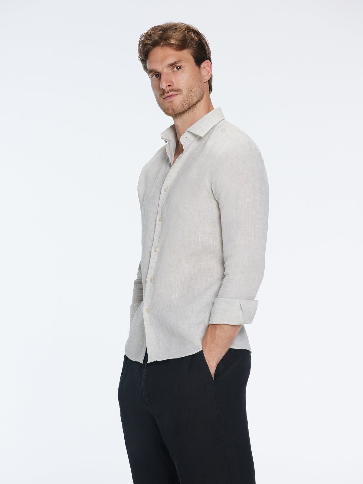 James Khaki Linen Slim-Fit Shirt | Moeva | Shirt | Each week unveils new pieces—luxury swimwear, fluid resort silhouettes, and elevated summer-to-evening essentials designed to carry you from coastal escapes to city nights.