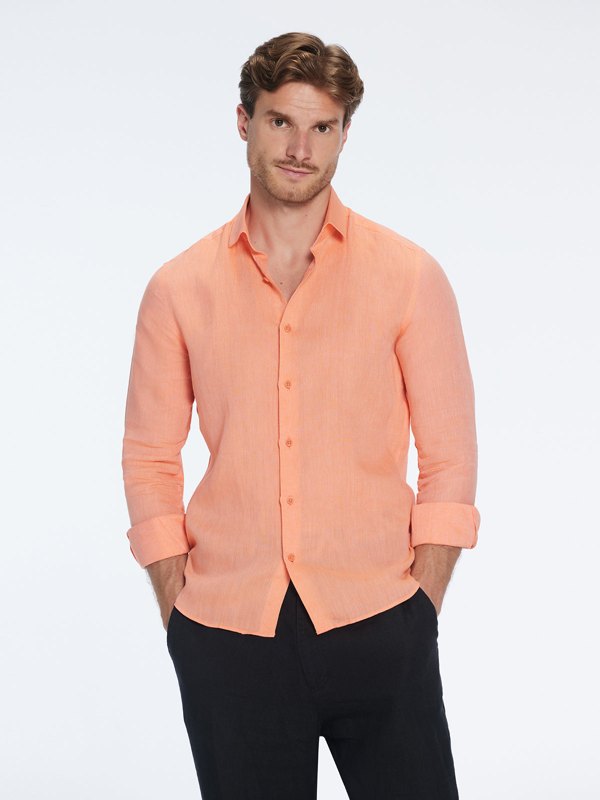 James Orange Linen Slim-Fit Shirt | Moeva | Shirt | Each week unveils new pieces—luxury swimwear, fluid resort silhouettes, and elevated summer-to-evening essentials designed to carry you from coastal escapes to city nights.
