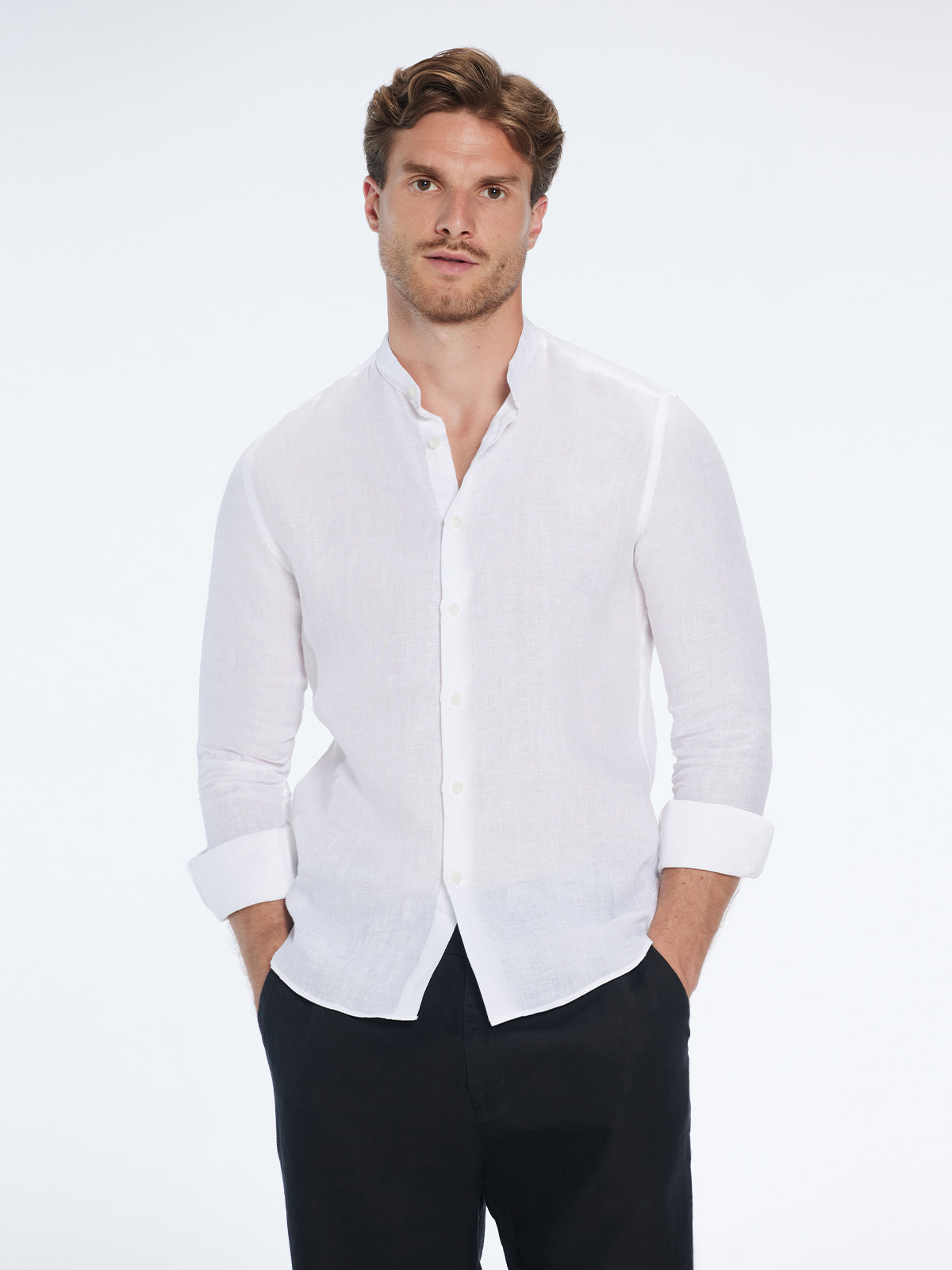 Ryan White Linen Shirt with Grandad Collar | Moeva | Shirt | Each week unveils new pieces—luxury swimwear, fluid resort silhouettes, and elevated summer-to-evening essentials designed to carry you from coastal escapes to city nights.