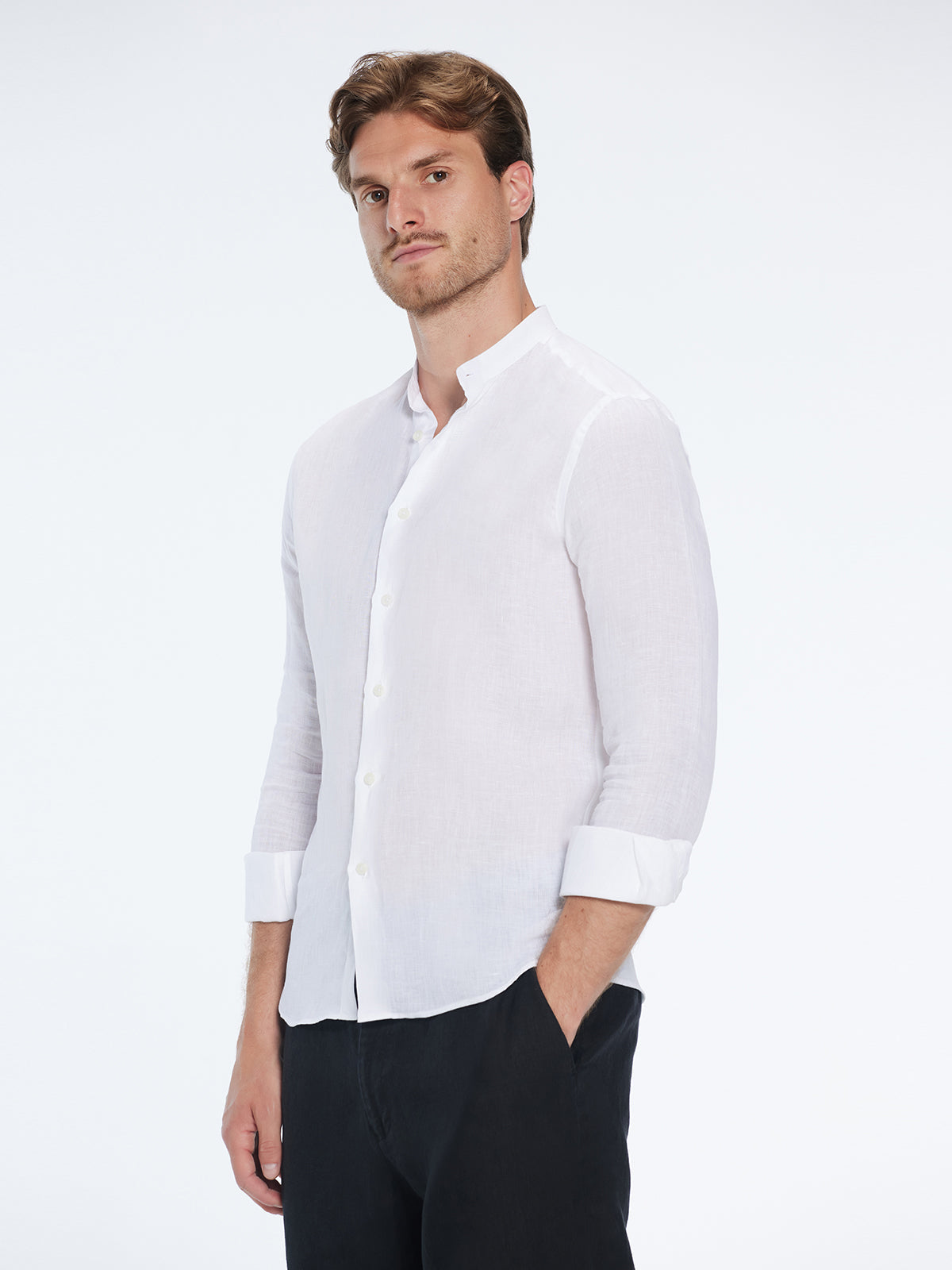 Ryan White Linen Shirt with Grandad Collar | Moeva | Shirt | Each week unveils new pieces—luxury swimwear, fluid resort silhouettes, and elevated summer-to-evening essentials designed to carry you from coastal escapes to city nights.