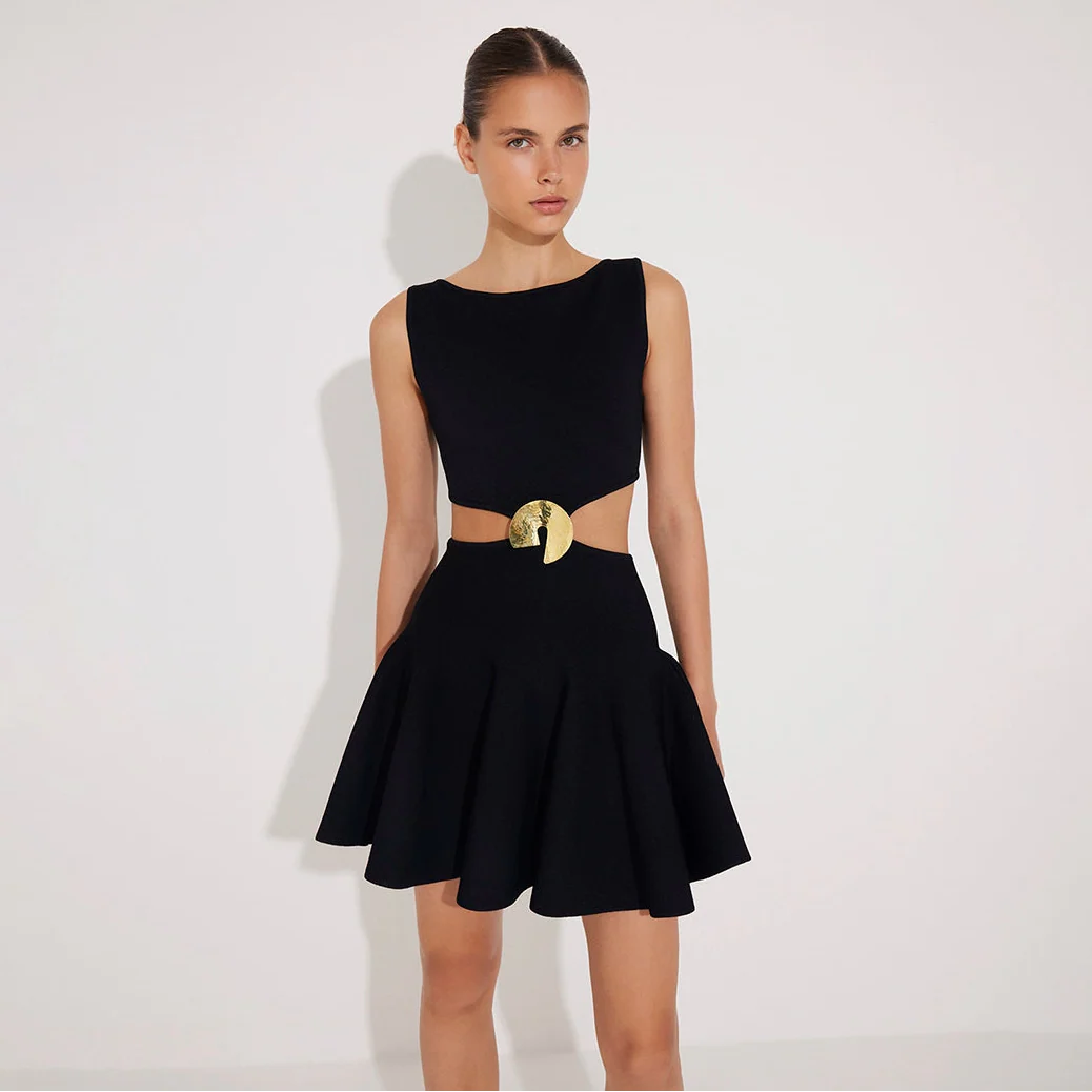 Lanao Black Cut-Out Knit Mini Dress with Gold Detail | Moeva | Dress | Each week unveils new pieces—luxury swimwear, fluid resort silhouettes, and elevated summer-to-evening essentials designed to carry you from coastal escapes to city nights.