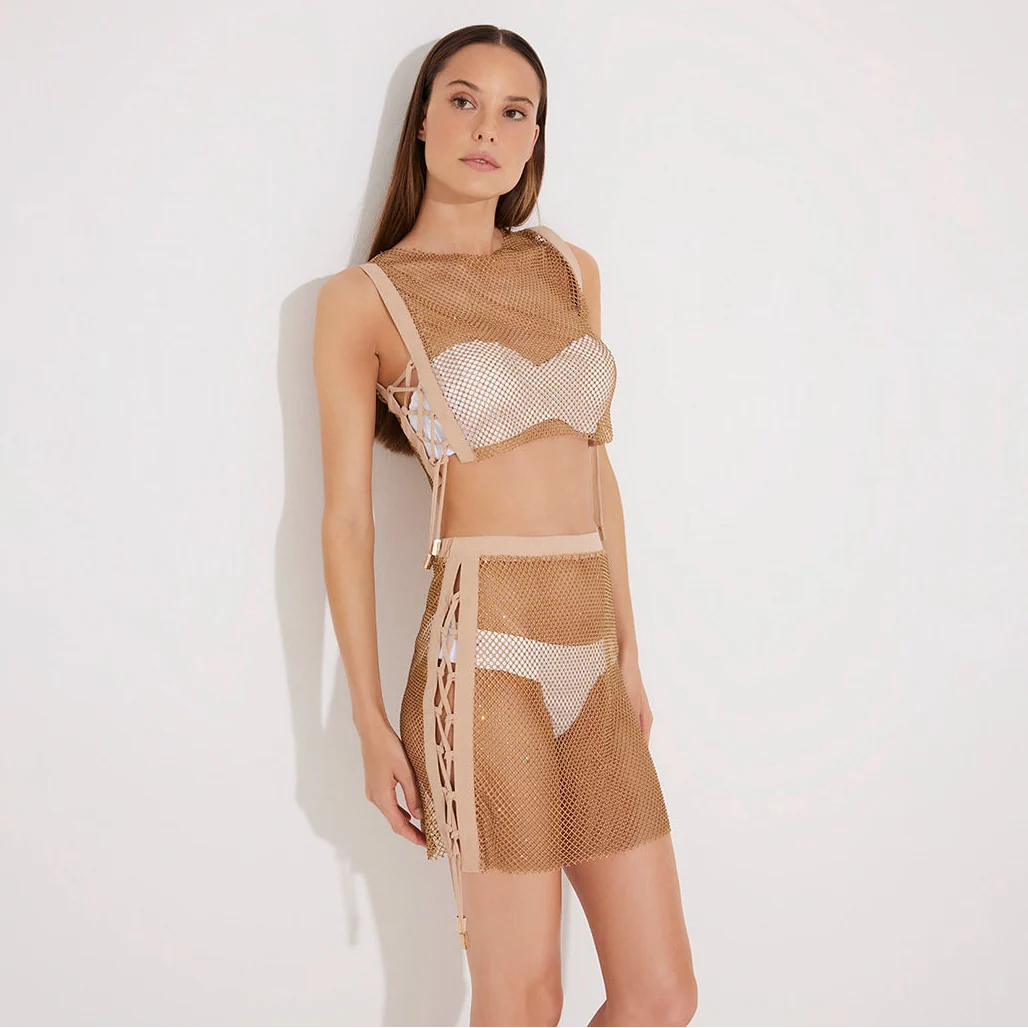 Alejandra Nude Rhinestone Details Mesh Top | Moeva | Crop Top | Each week unveils new pieces—luxury swimwear, fluid resort silhouettes, and elevated summer-to-evening essentials designed to carry you from coastal escapes to city nights.