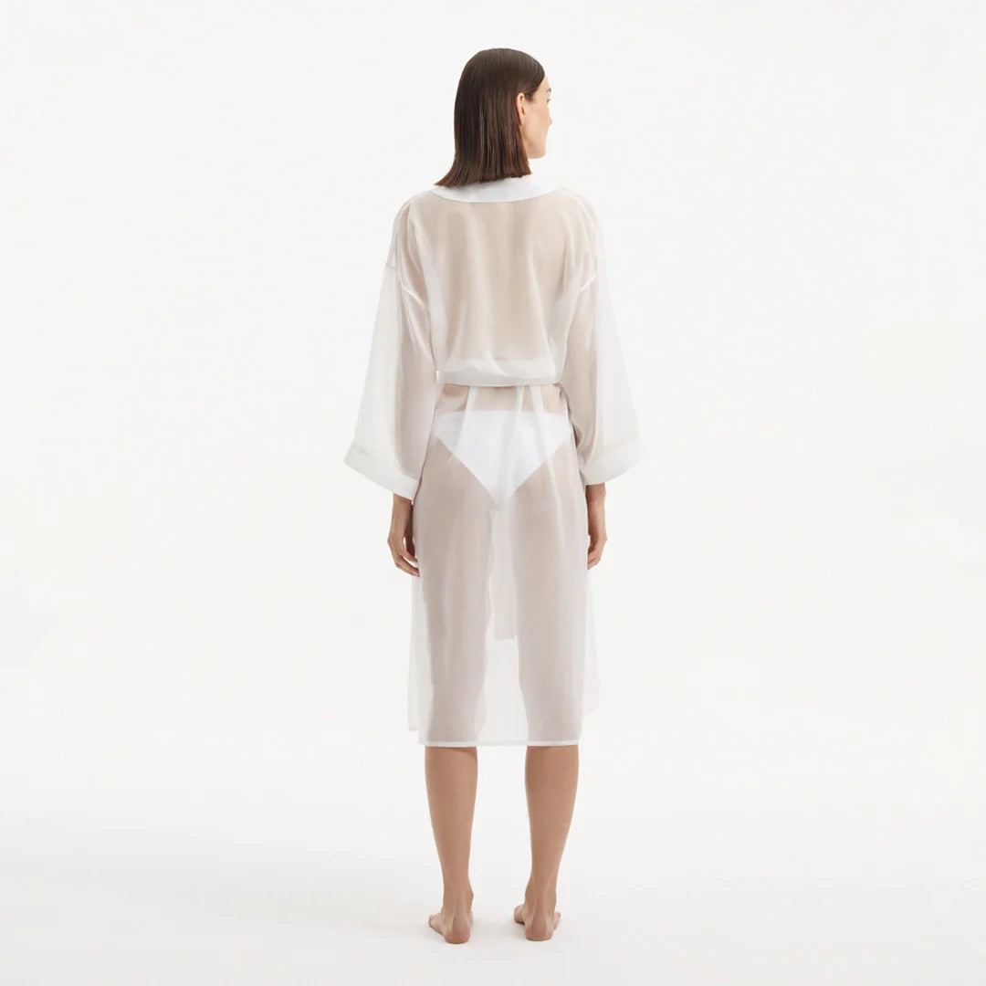 Blaze Long Sleeve Wavy-Trim Belted Sheer White Kaftan | Moeva | Kaftan | Each week unveils new pieces—luxury swimwear, fluid resort silhouettes, and elevated summer-to-evening essentials designed to carry you from coastal escapes to city nights.