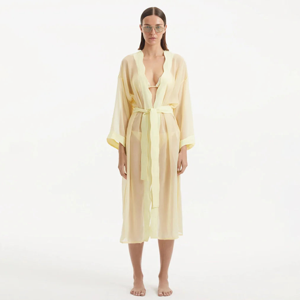 Blaze Long Sleeve Wavy-Trim Belted Sheer Yellow Kaftan | Moeva | Kaftan | Each week unveils new pieces—luxury swimwear, fluid resort silhouettes, and elevated summer-to-evening essentials designed to carry you from coastal escapes to city nights.