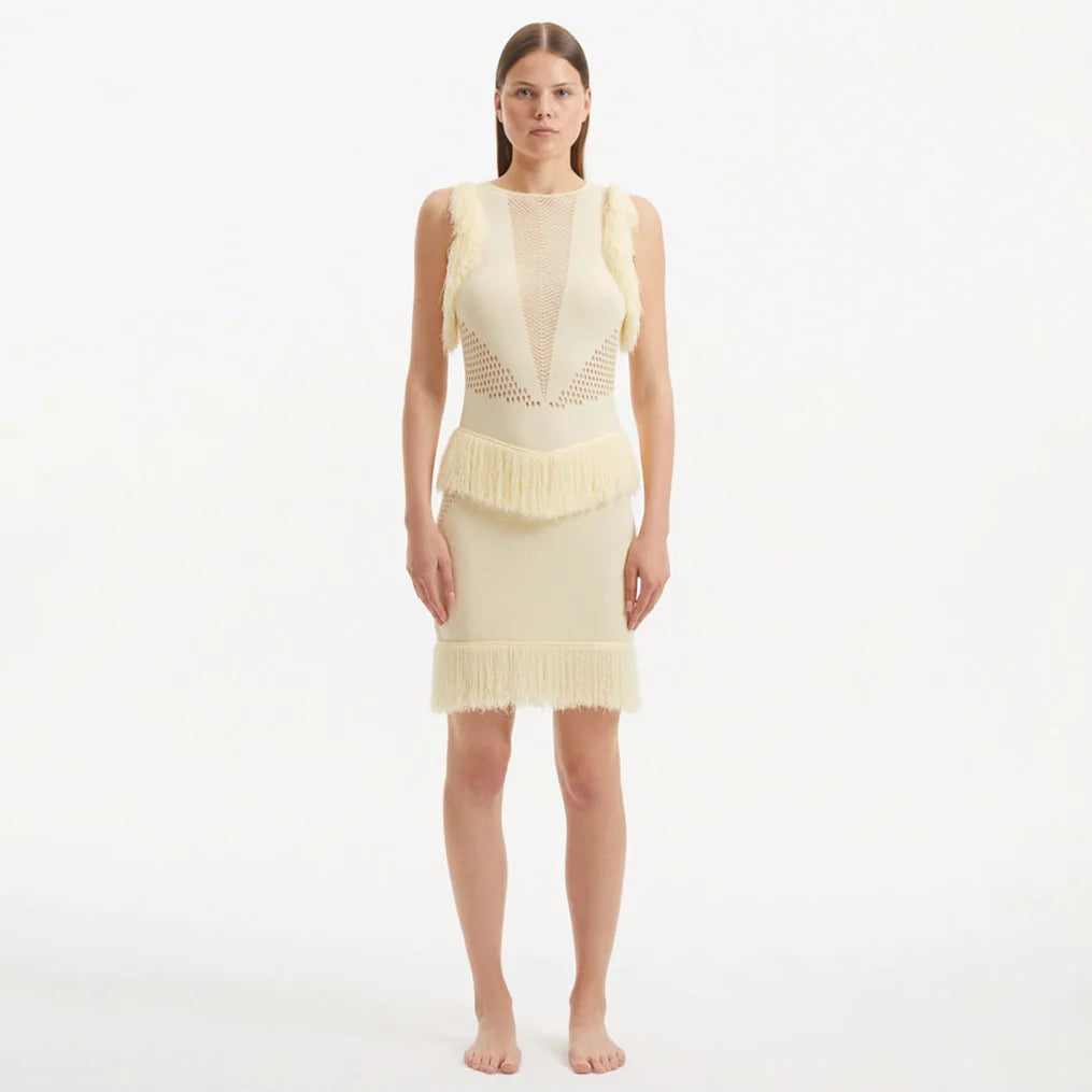 Diani Yellow Fringe Detail Sheer Panel Open Back Mini Dress | Moeva | Dress | Each week unveils new pieces—luxury swimwear, fluid resort silhouettes, and elevated summer-to-evening essentials designed to carry you from coastal escapes to city nights.