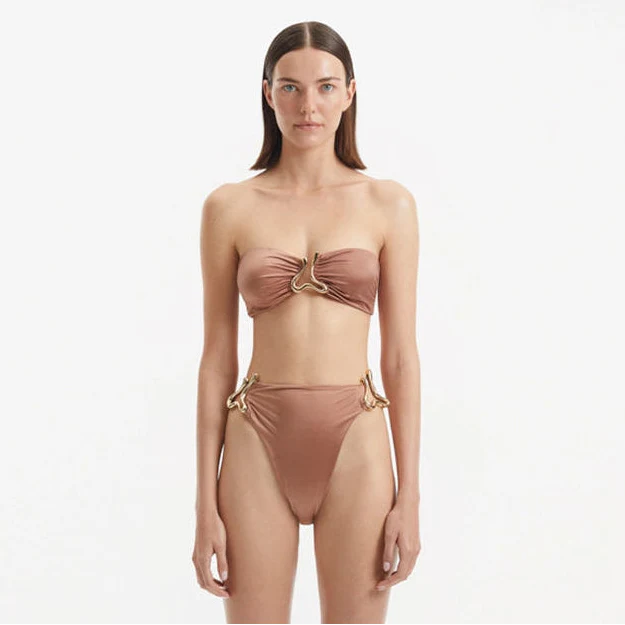 Clyde Brown Bandeau High Waist Satin Bikini Set | Moeva | Bikini Set | Each week unveils new pieces—luxury swimwear, fluid resort silhouettes, and elevated summer-to-evening essentials designed to carry you from coastal escapes to city nights.