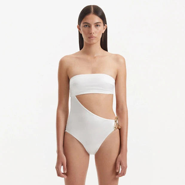 Marilla White Bandeau Satin Swimsuit | Moeva | Swimsuit | Each week unveils new pieces—luxury swimwear, fluid resort silhouettes, and elevated summer-to-evening essentials designed to carry you from coastal escapes to city nights.