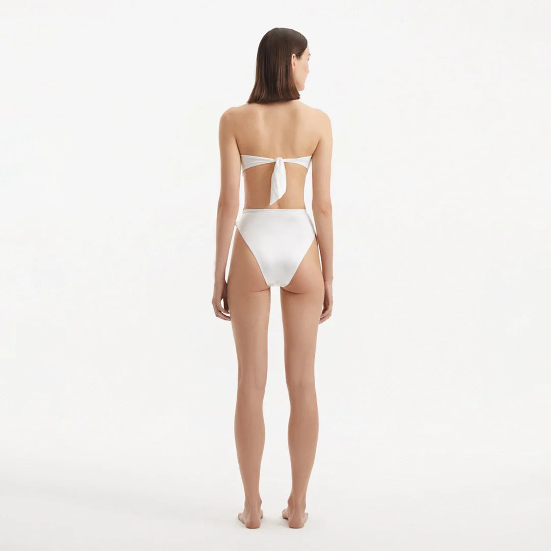 Clyde White Bandeau High Waist Satin Bikini Set | Moeva | Bikini Set | Each week unveils new pieces—luxury swimwear, fluid resort silhouettes, and elevated summer-to-evening essentials designed to carry you from coastal escapes to city nights.