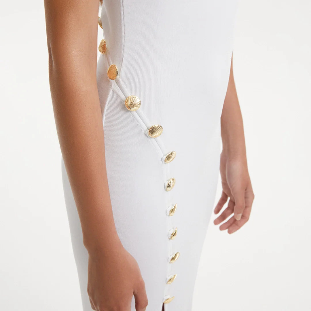 Raine White Knit Maxi Dress with Side Slit & Button Detail | Moeva | Dress | Each week unveils new pieces—luxury swimwear, fluid resort silhouettes, and elevated summer-to-evening essentials designed to carry you from coastal escapes to city nights.