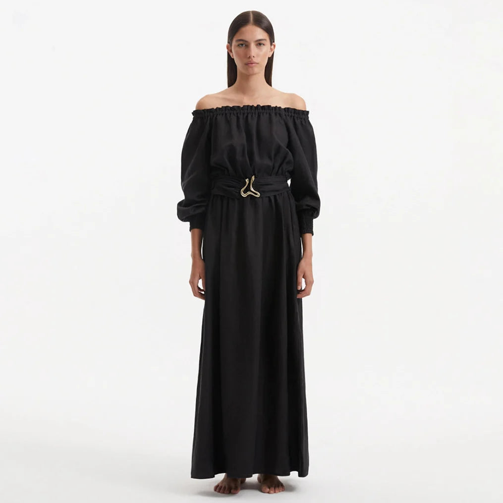 Dante Black Off-Shoulder Maxi Dress with Belted Waist | Moeva | Dress | Each week unveils new pieces—luxury swimwear, fluid resort silhouettes, and elevated summer-to-evening essentials designed to carry you from coastal escapes to city nights.