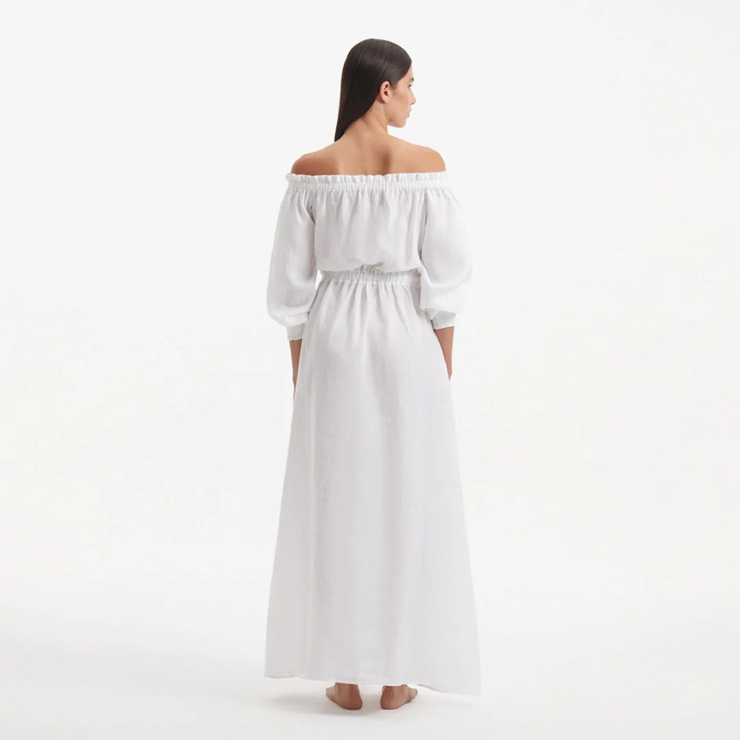 Dante White Off-Shoulder Maxi Dress with Belted Waist | Moeva | Dress | Each week unveils new pieces—luxury swimwear, fluid resort silhouettes, and elevated summer-to-evening essentials designed to carry you from coastal escapes to city nights.