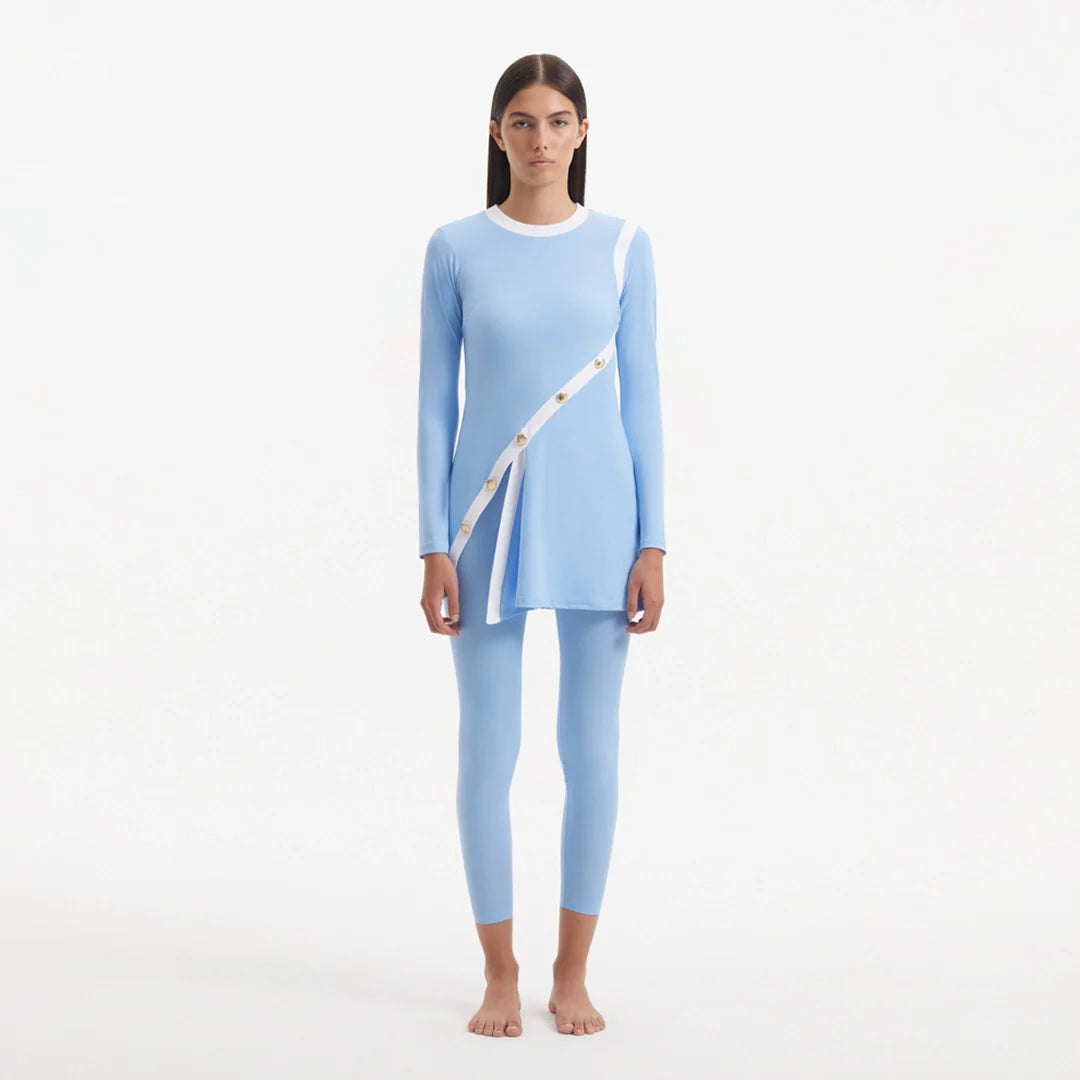 Kamaria Blue Long Sleeve Accessorised Modest Swim Set | Moeva | Swimsuit | Each week unveils new pieces—luxury swimwear, fluid resort silhouettes, and elevated summer-to-evening essentials designed to carry you from coastal escapes to city nights.