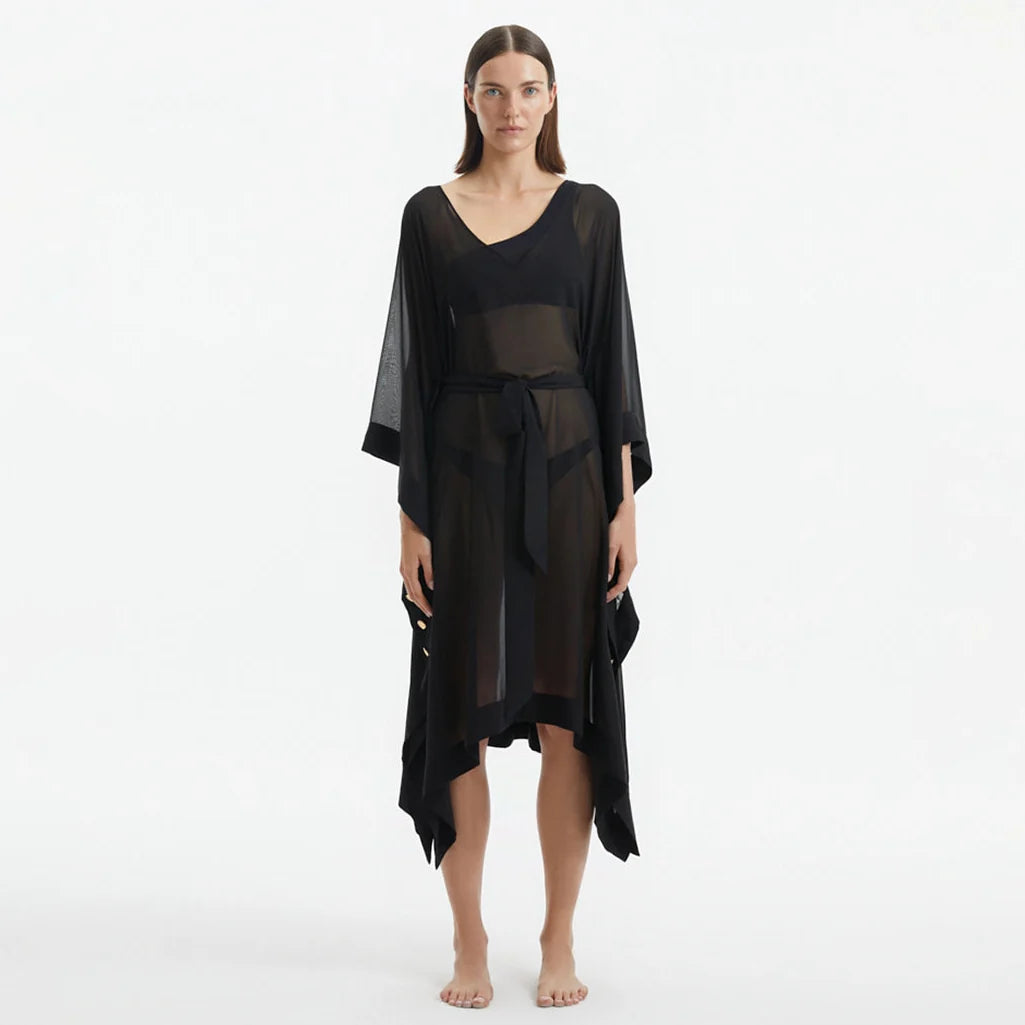 Opal Black Sheer Gold Buttoned Belted Kaftan | Moeva | Kaftan | Each week unveils new pieces—luxury swimwear, fluid resort silhouettes, and elevated summer-to-evening essentials designed to carry you from coastal escapes to city nights.
