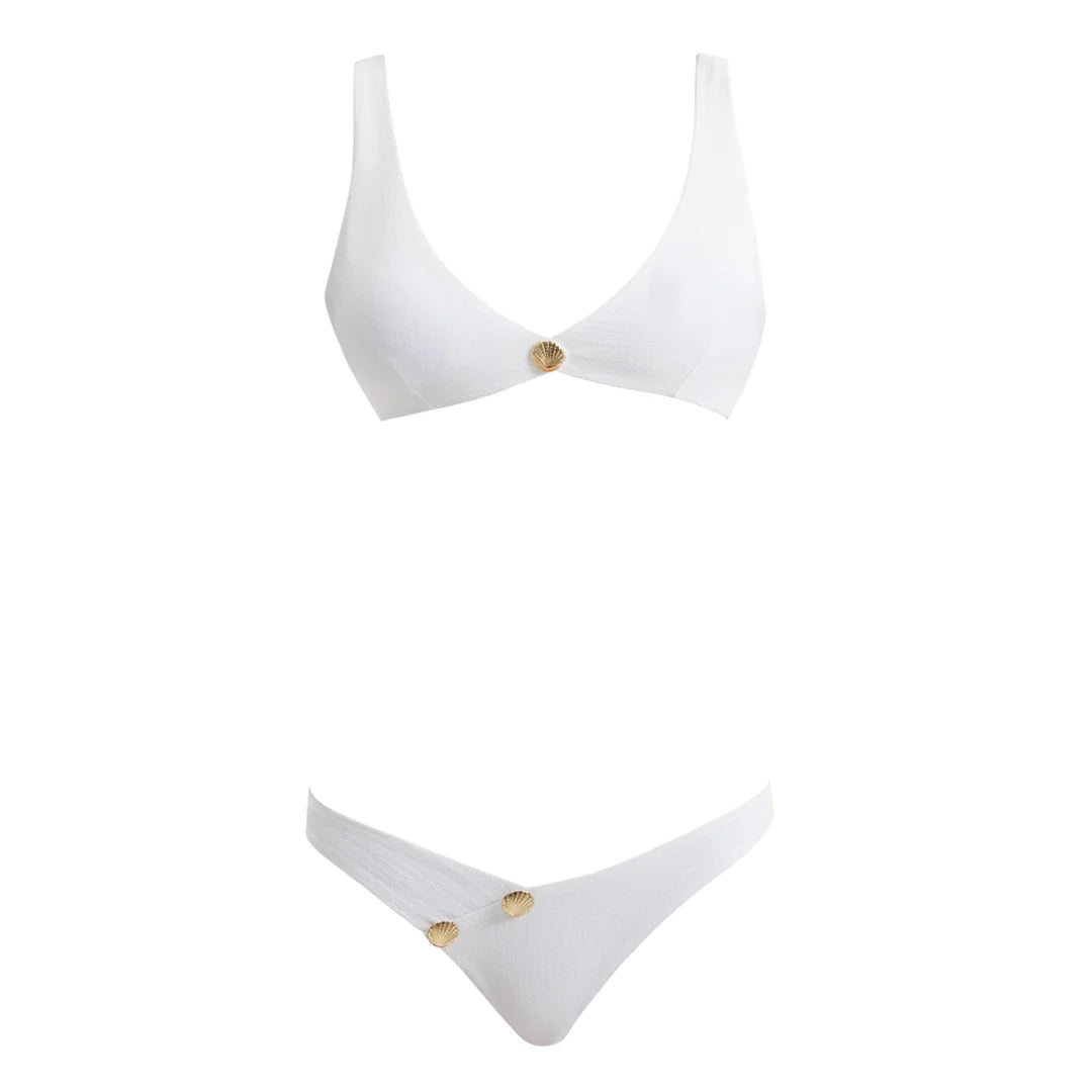 Aeron White V Neck Textured Mid Coverage Bikini Set | Moeva | Bikini Set | Each week unveils new pieces—luxury swimwear, fluid resort silhouettes, and elevated summer-to-evening essentials designed to carry you from coastal escapes to city nights.